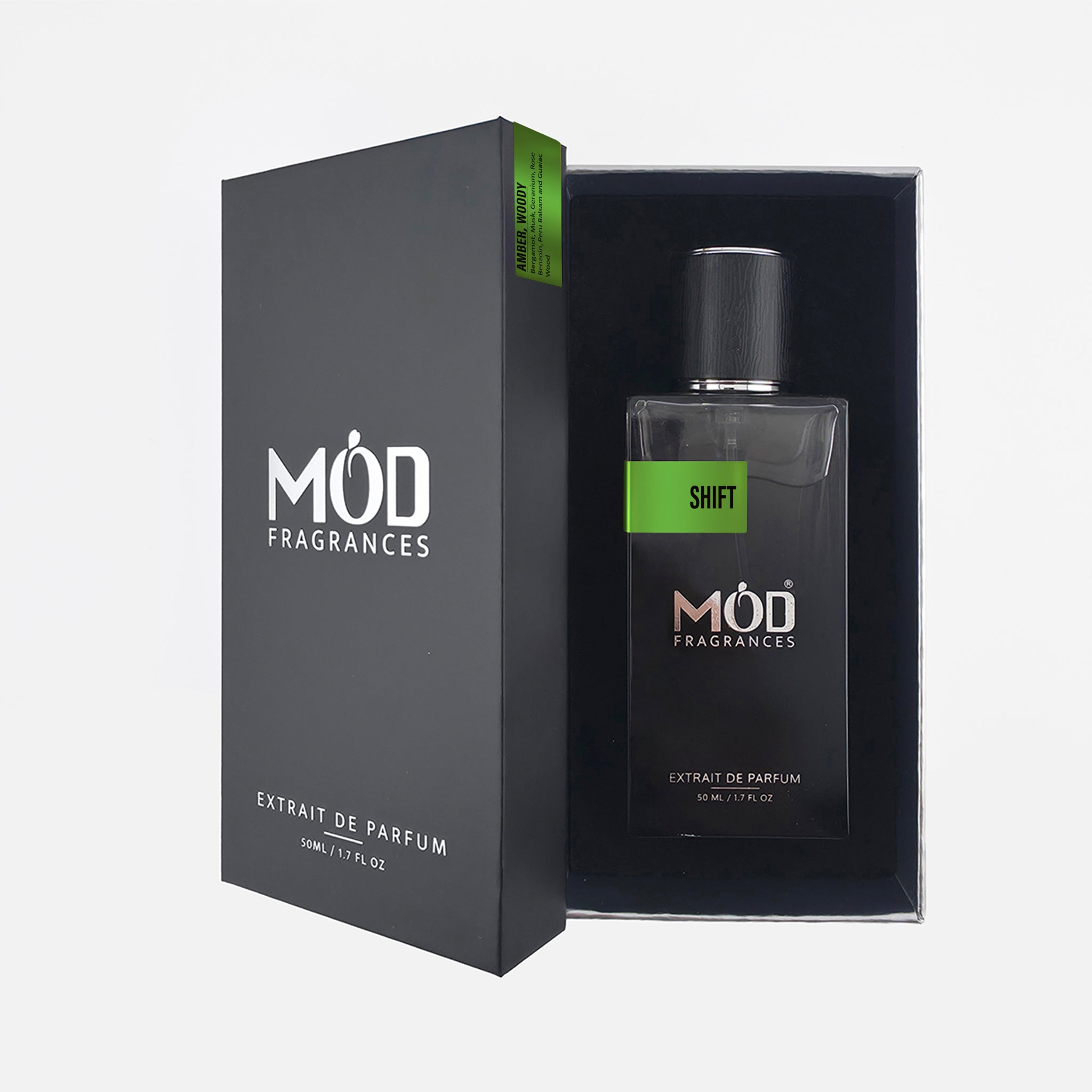 Mod Fragrances Shift perfume bottle and packaging on a white background