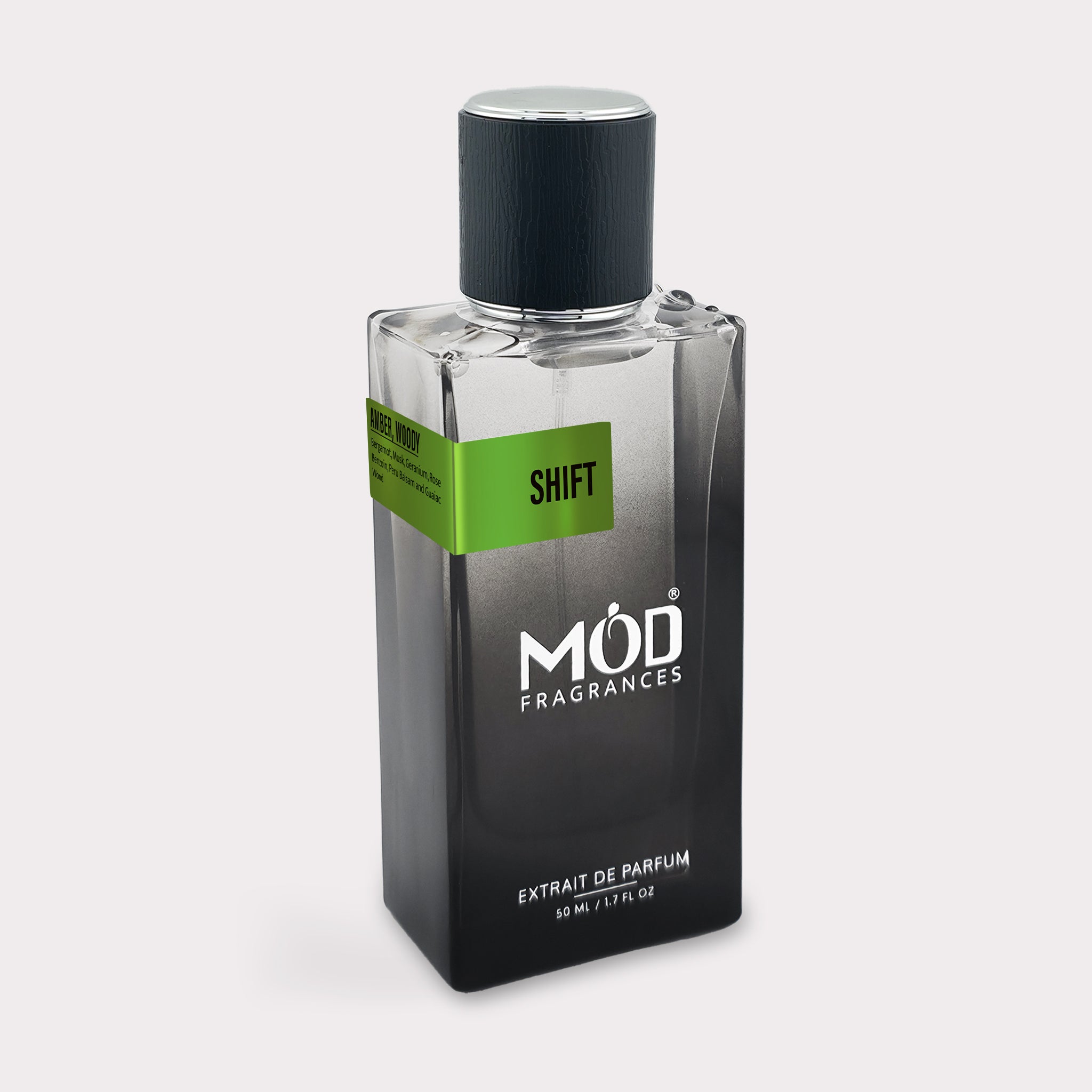 Perfume bottle labeled 'MOD Fragrances' on a light gray background