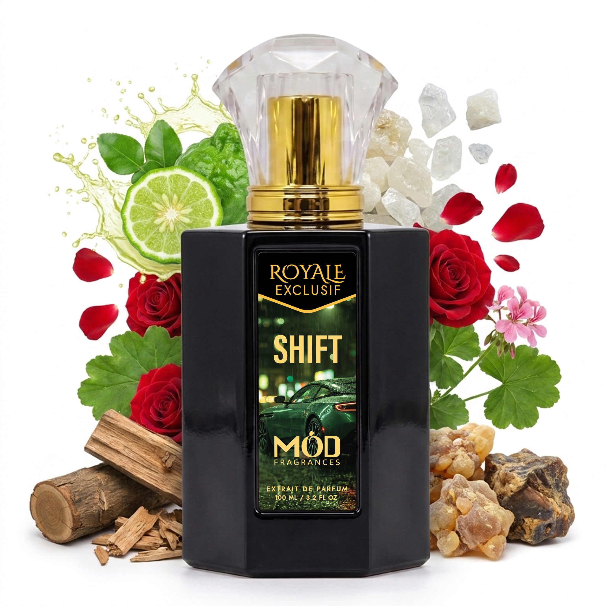Royale Exclusif Shift by MOD fragrance, 100ml luxury black bottle with splashing ingredients like bergamot, guaiac wood, red rose, geranium, benzoin, peru balsam and white musk on white background
