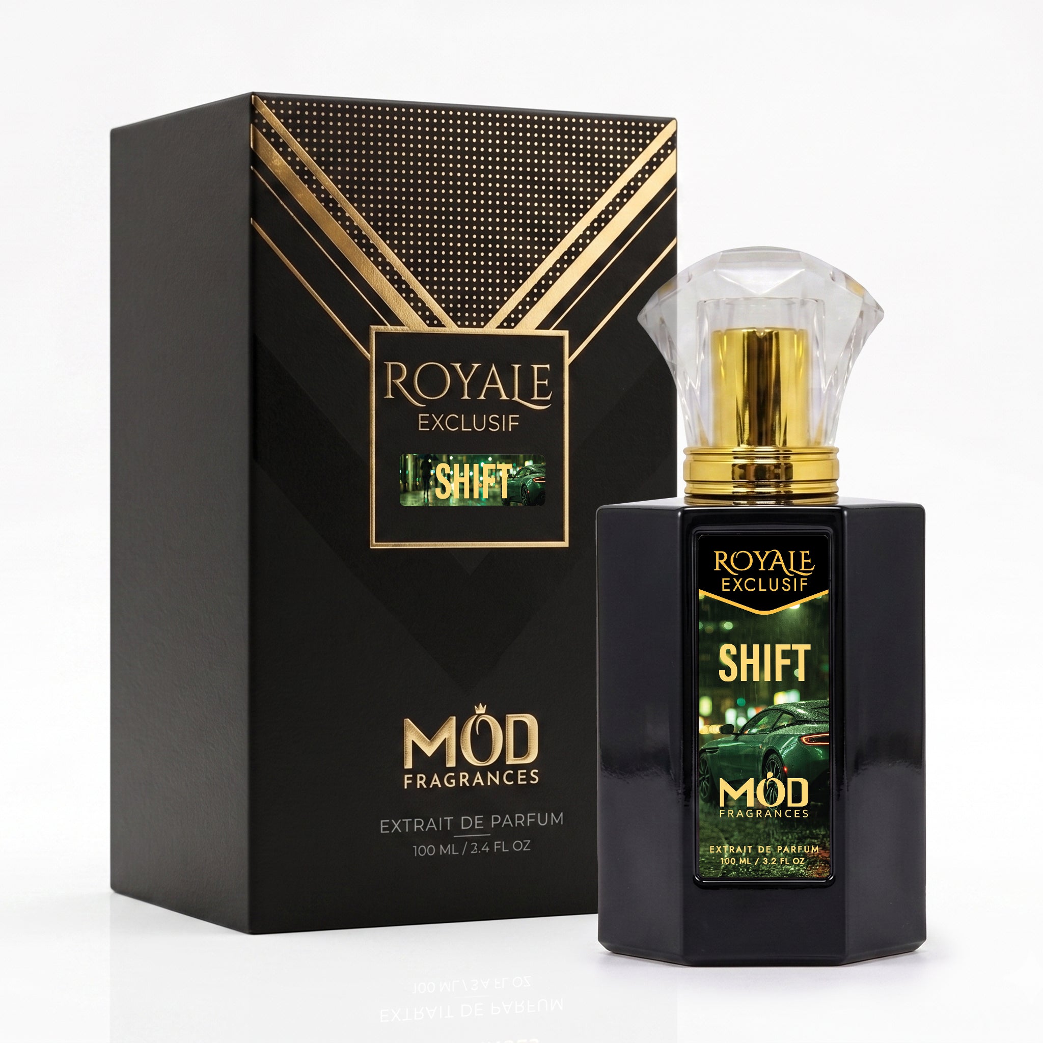 Royale Exclusif Shift by MOD fragrances, 100ml luxury black bottle and box on white background