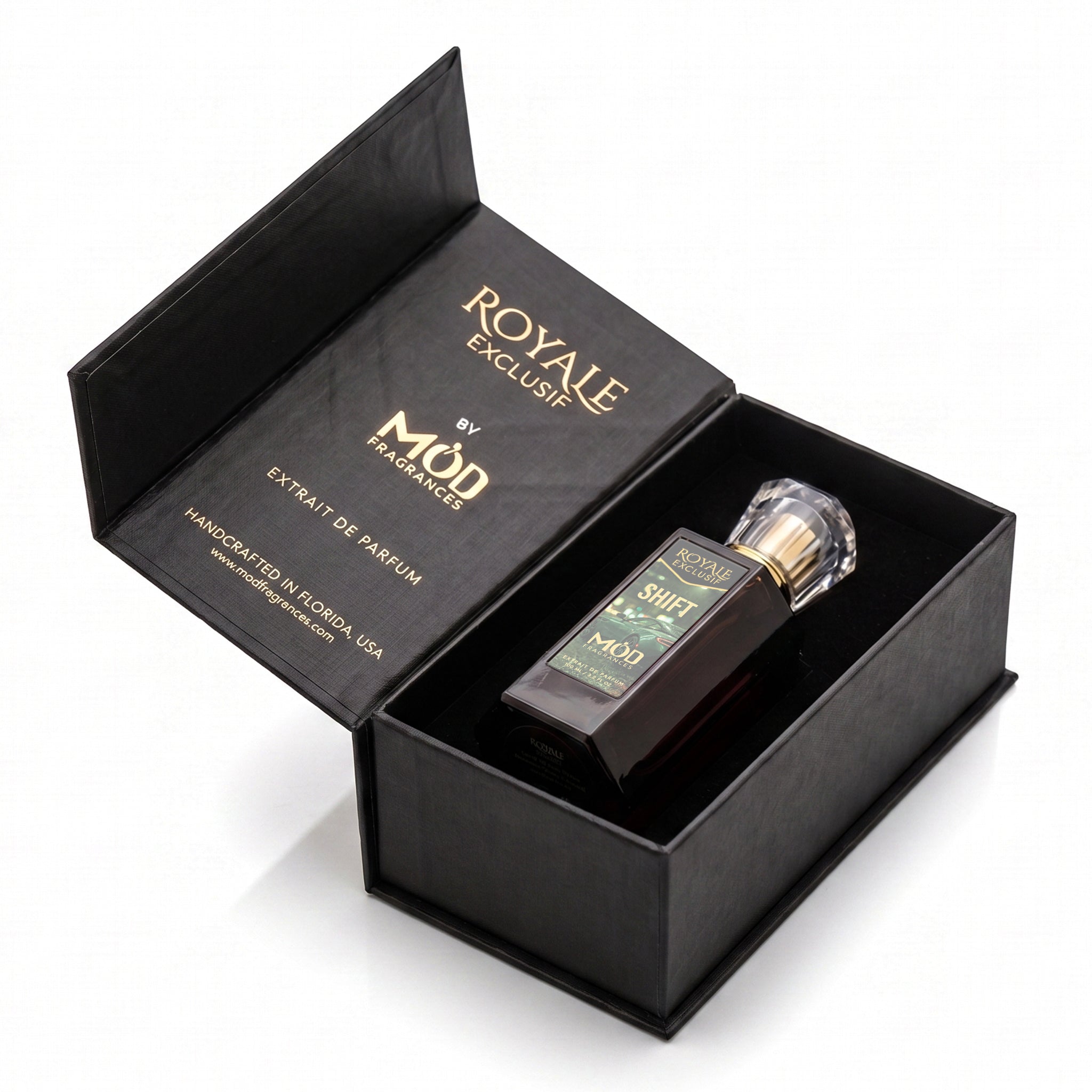 Royale Exclusif Shift by MOD fragrances, 100ml luxury black opened box on white background