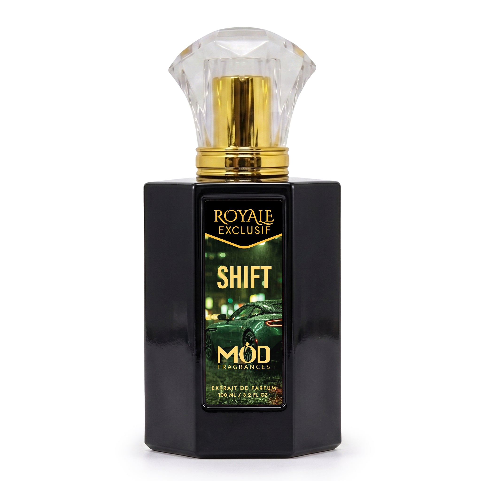 Royale Exclusif Shift by MOD fragrance, 100ml luxury black bottle on white background