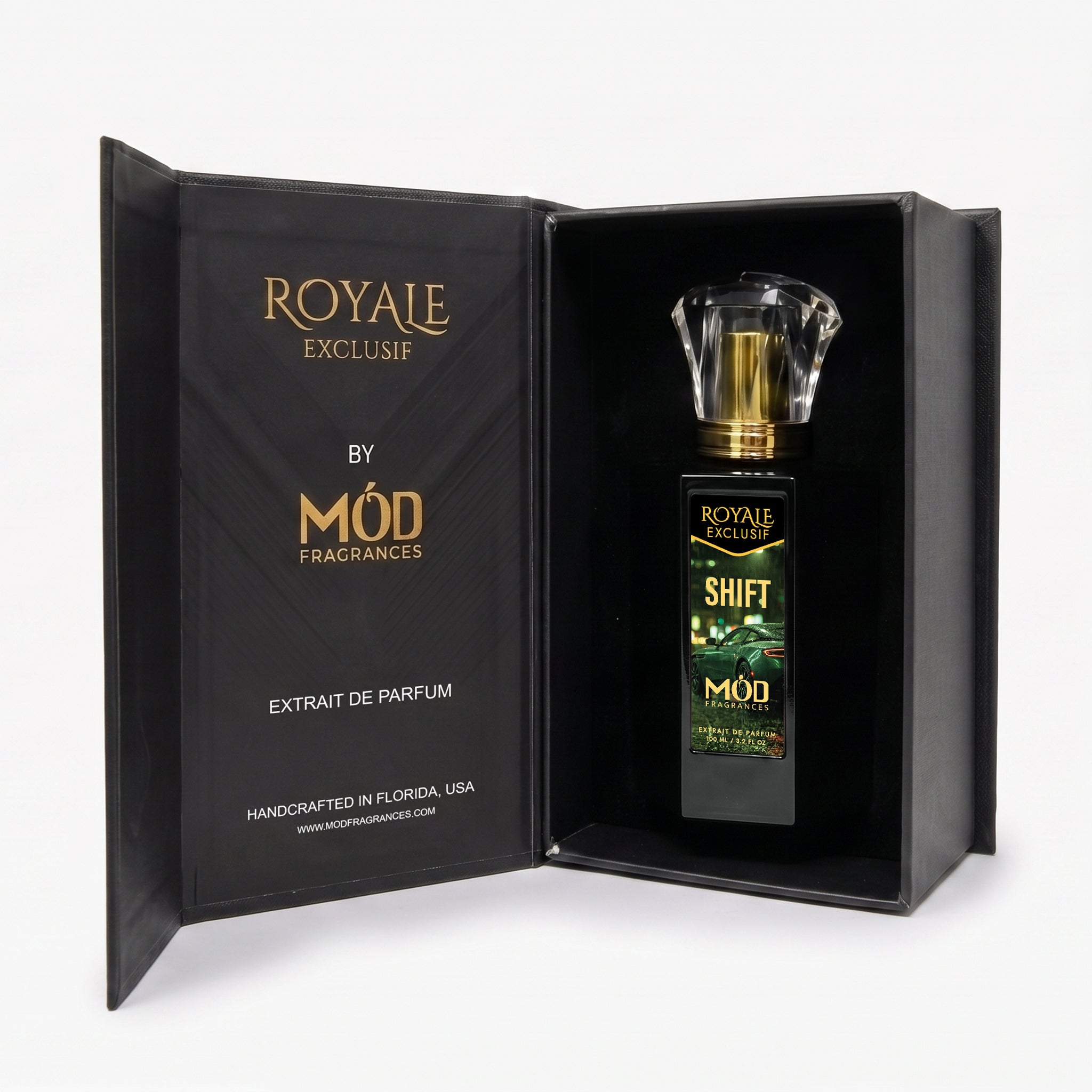 Royale Exclusif Shift by MOD fragrances, 100ml luxury black opened box on white background