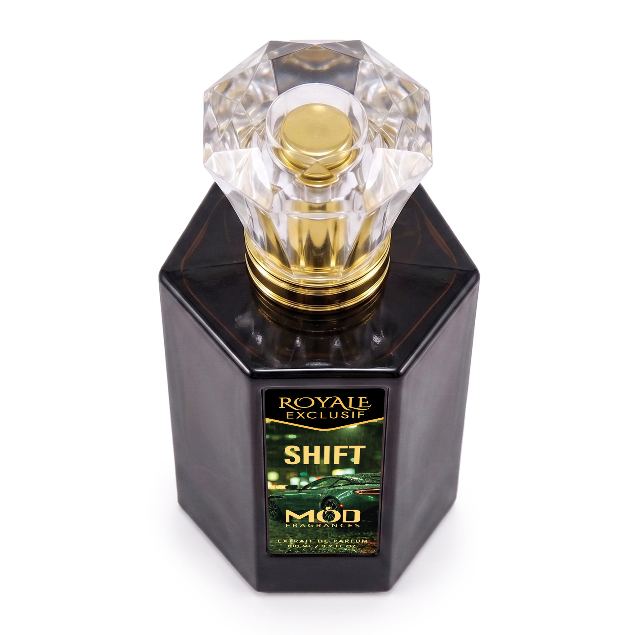 Royale Exclusif Shift by MOD fragrances, 100ml luxury black bottle  on white background