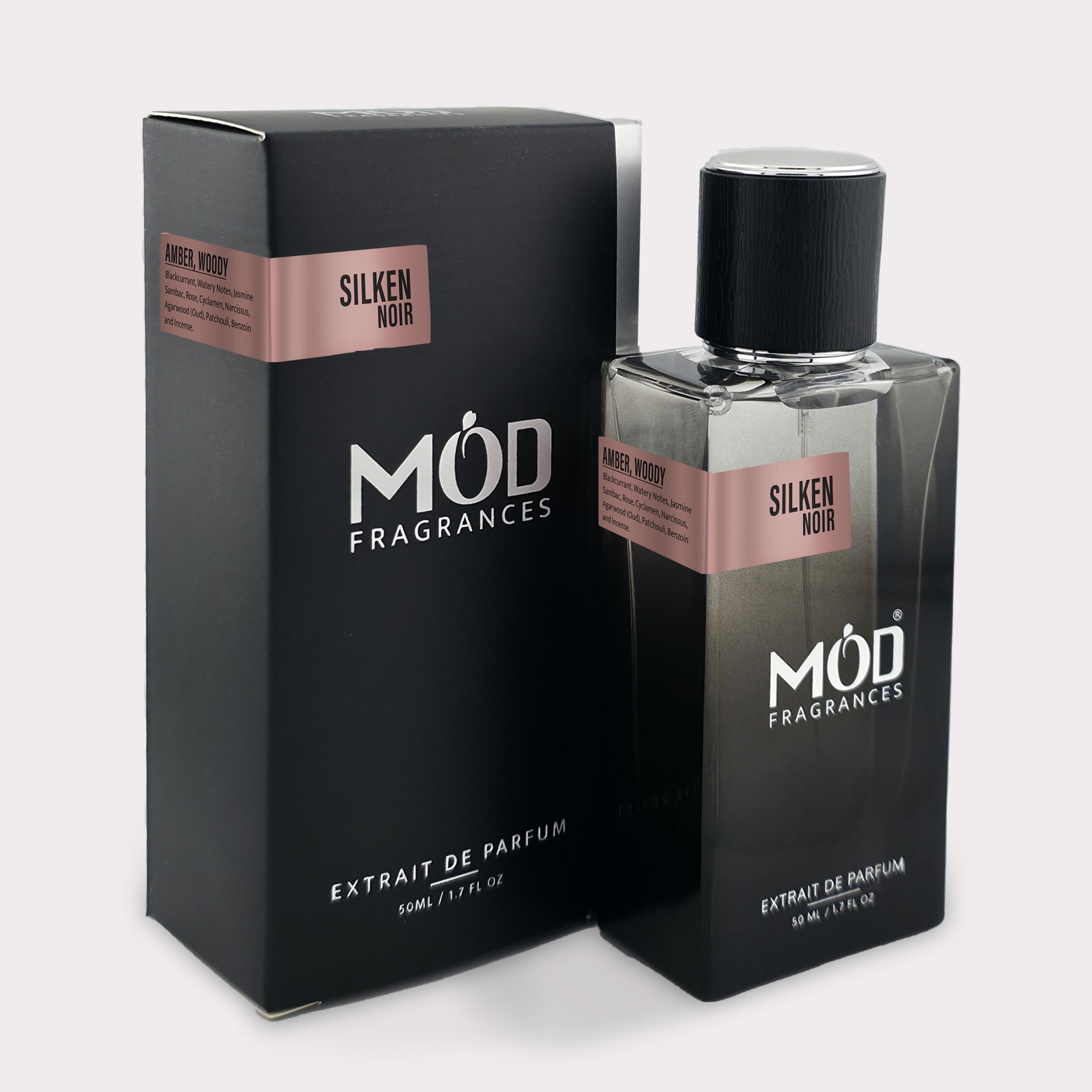 lv Matière Noire dupe Möd Fragrances Silken Noir perfume bottle and packaging on a white background