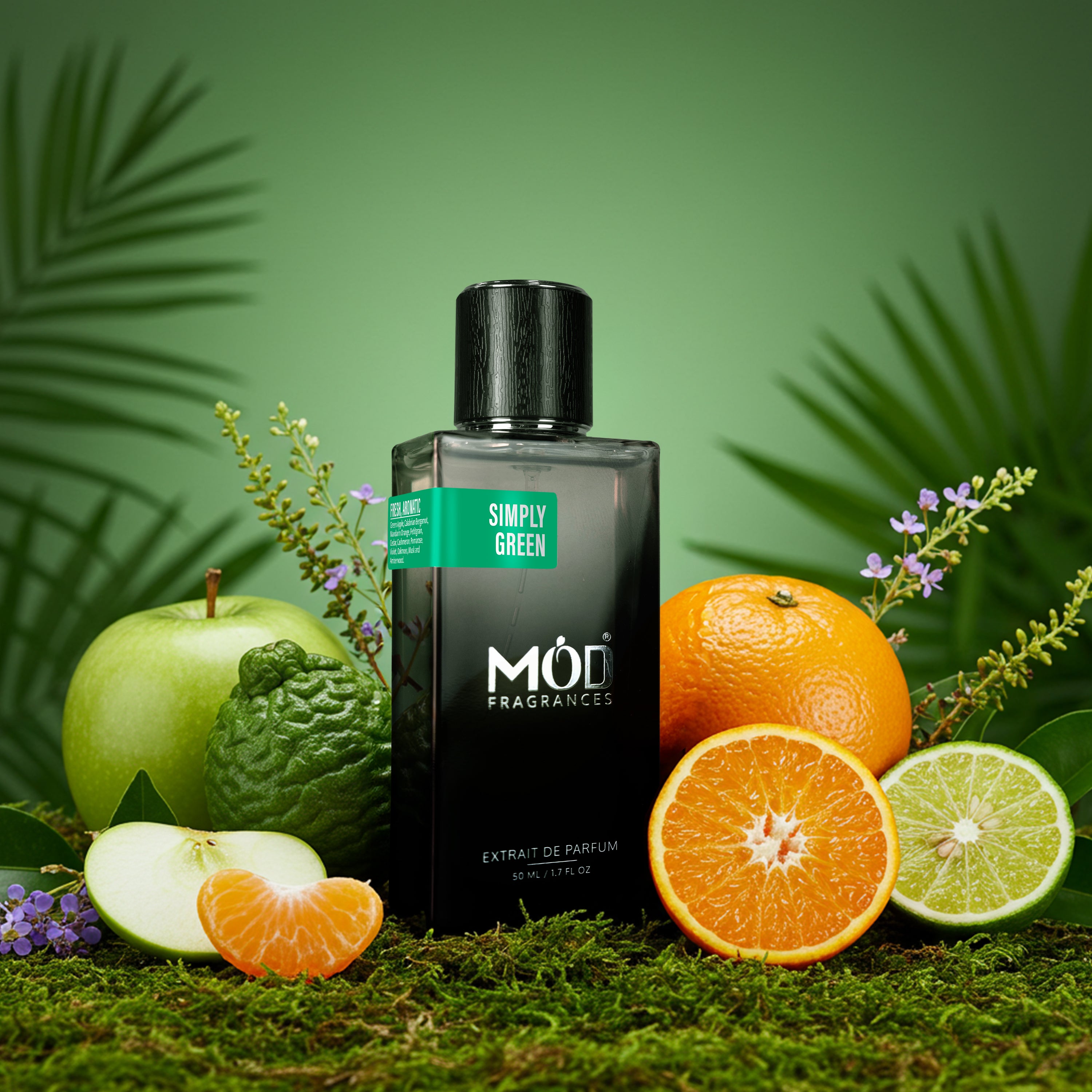 Black perfume bottle labeled 'Simply Green' surrounded by fruits and plants on a green background