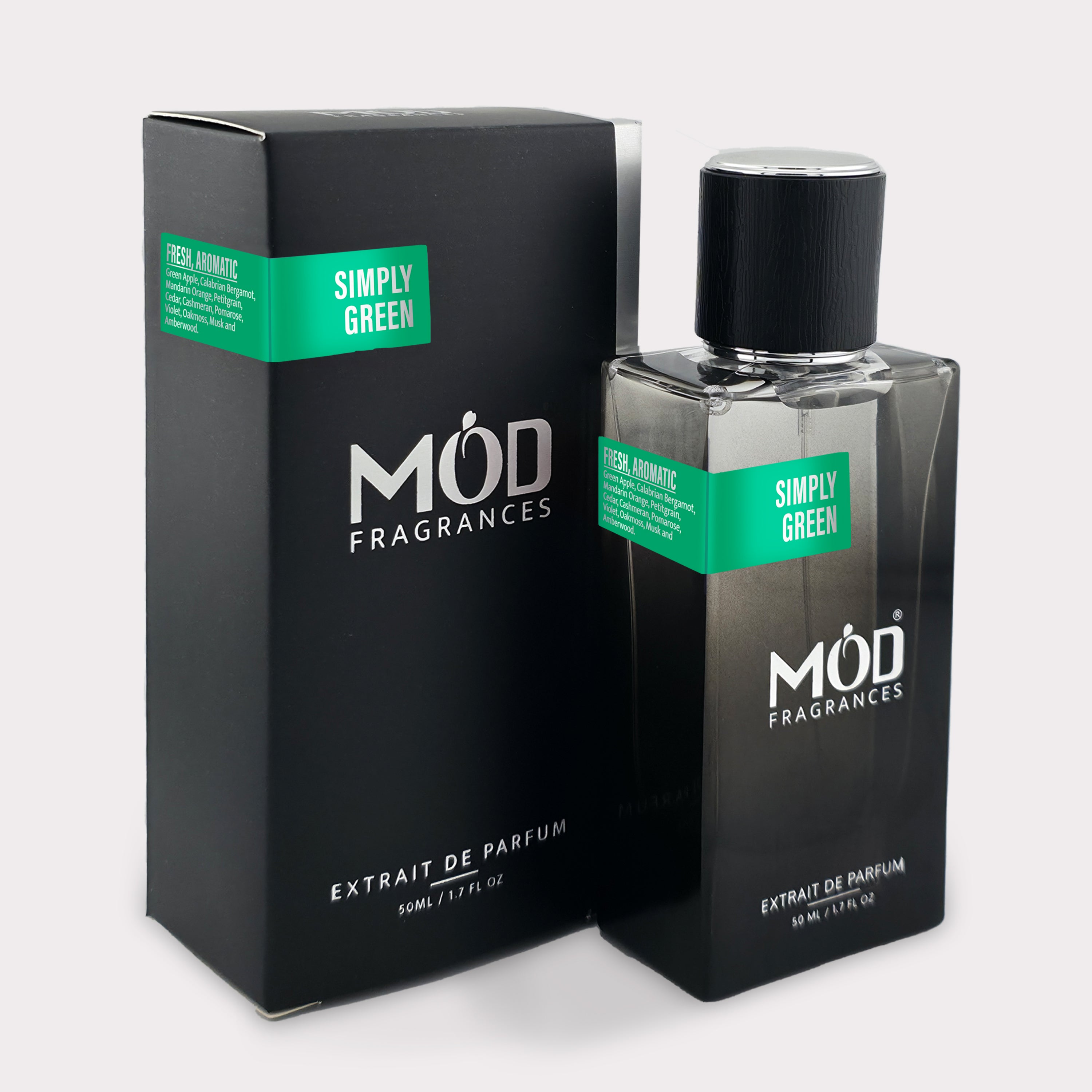 Möd Fragrances Simply Green perfume bottle and packaging on a white background