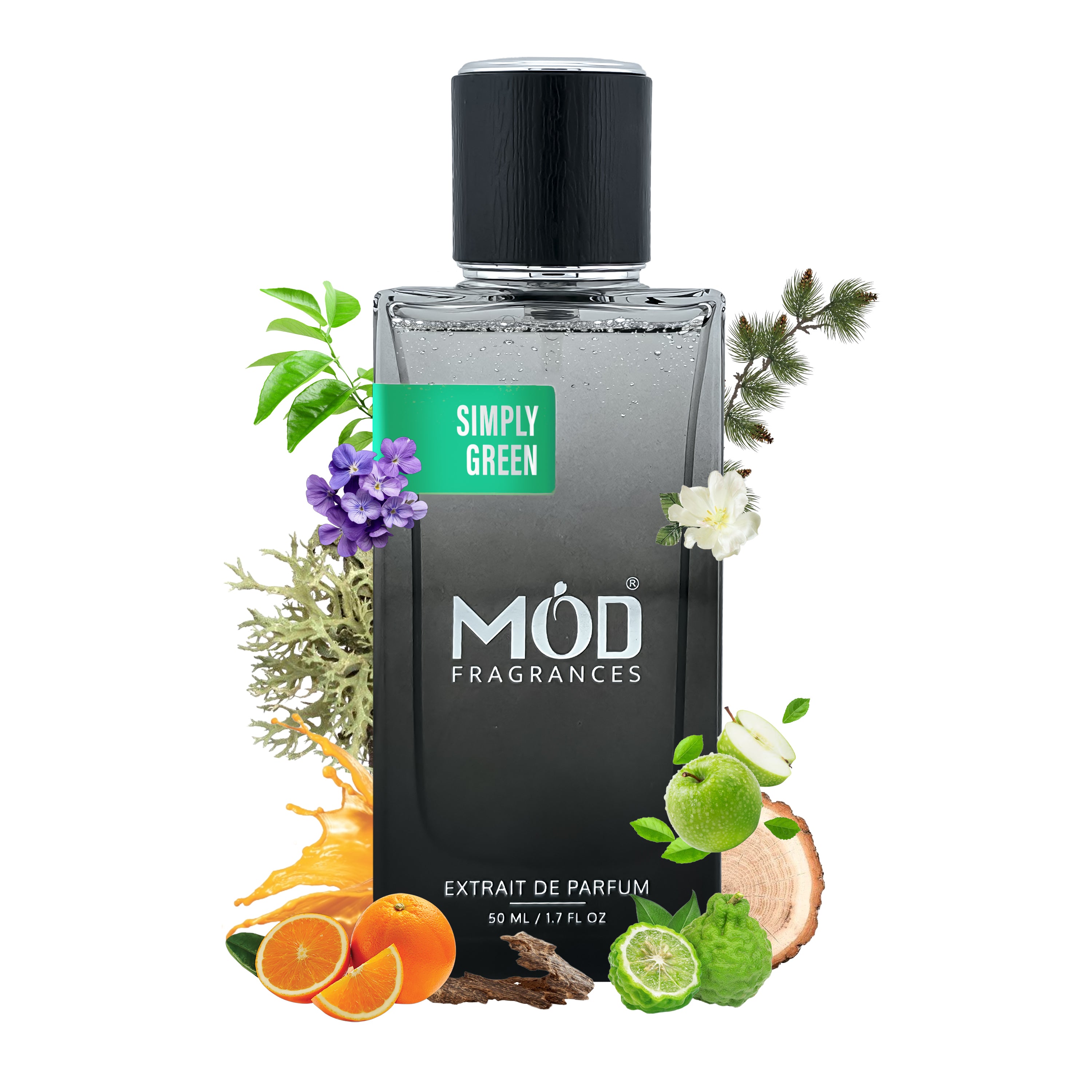 Möd Fragrances Simply Green perfume bottle with floral and fruit elements on a white background