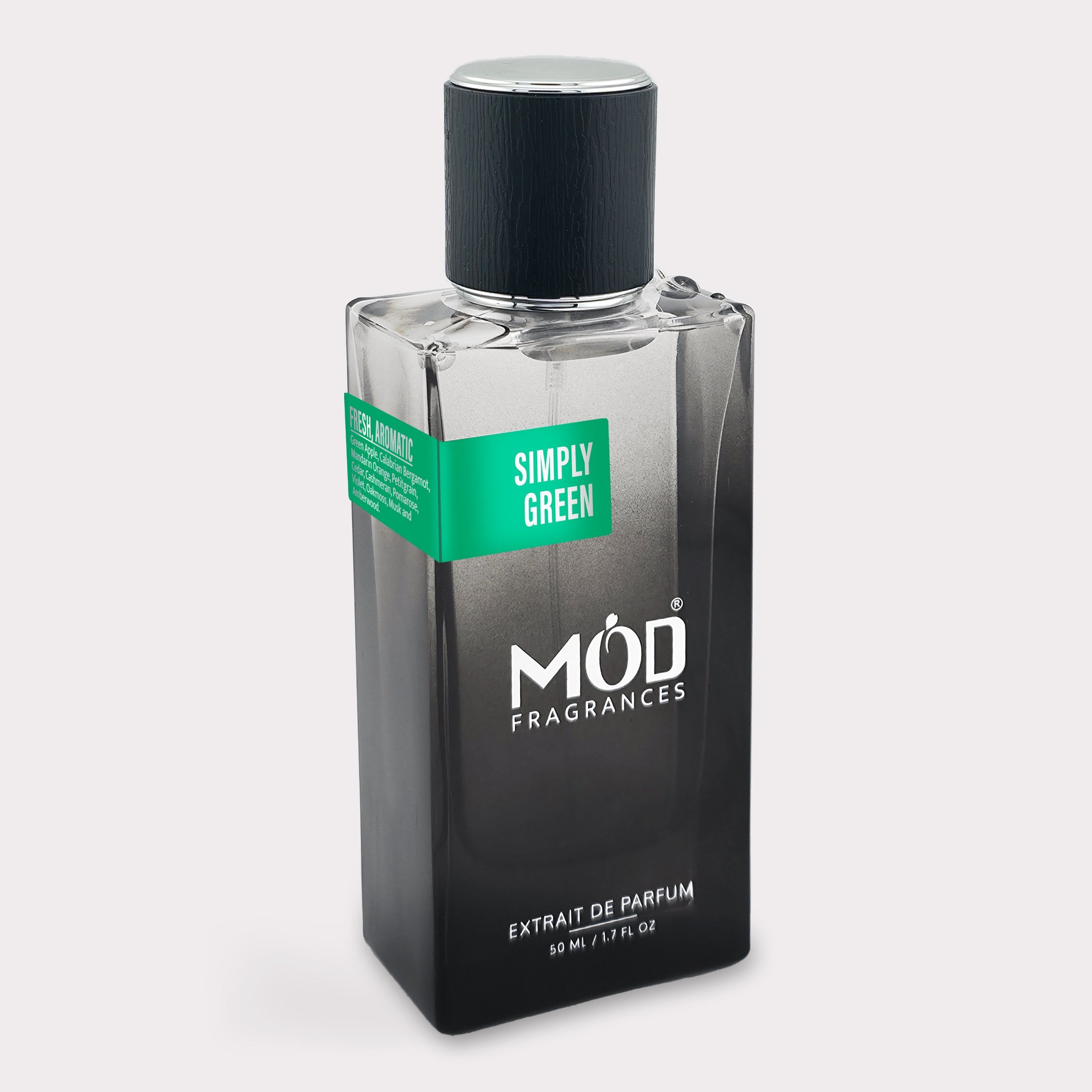 Bottle of MOD Fragrances Simply Green perfume on a white background