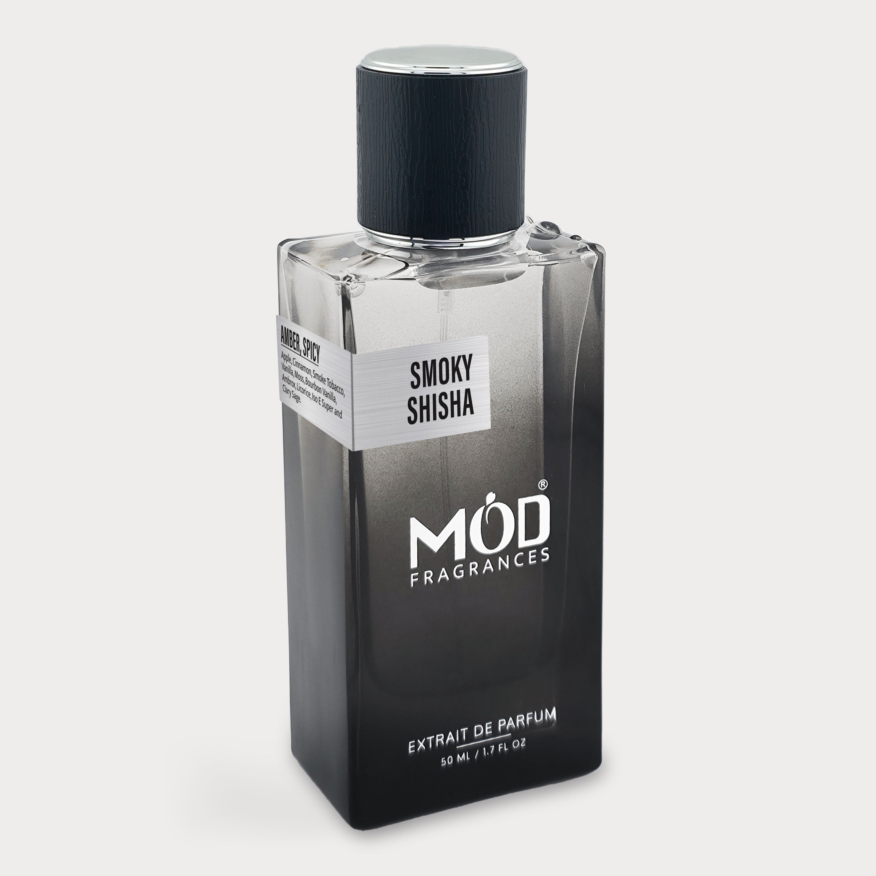 Inspired by Smoking Hot Perfume bottle labeled 'Smoky Shisha' by MOD Fragrances on a light gray background