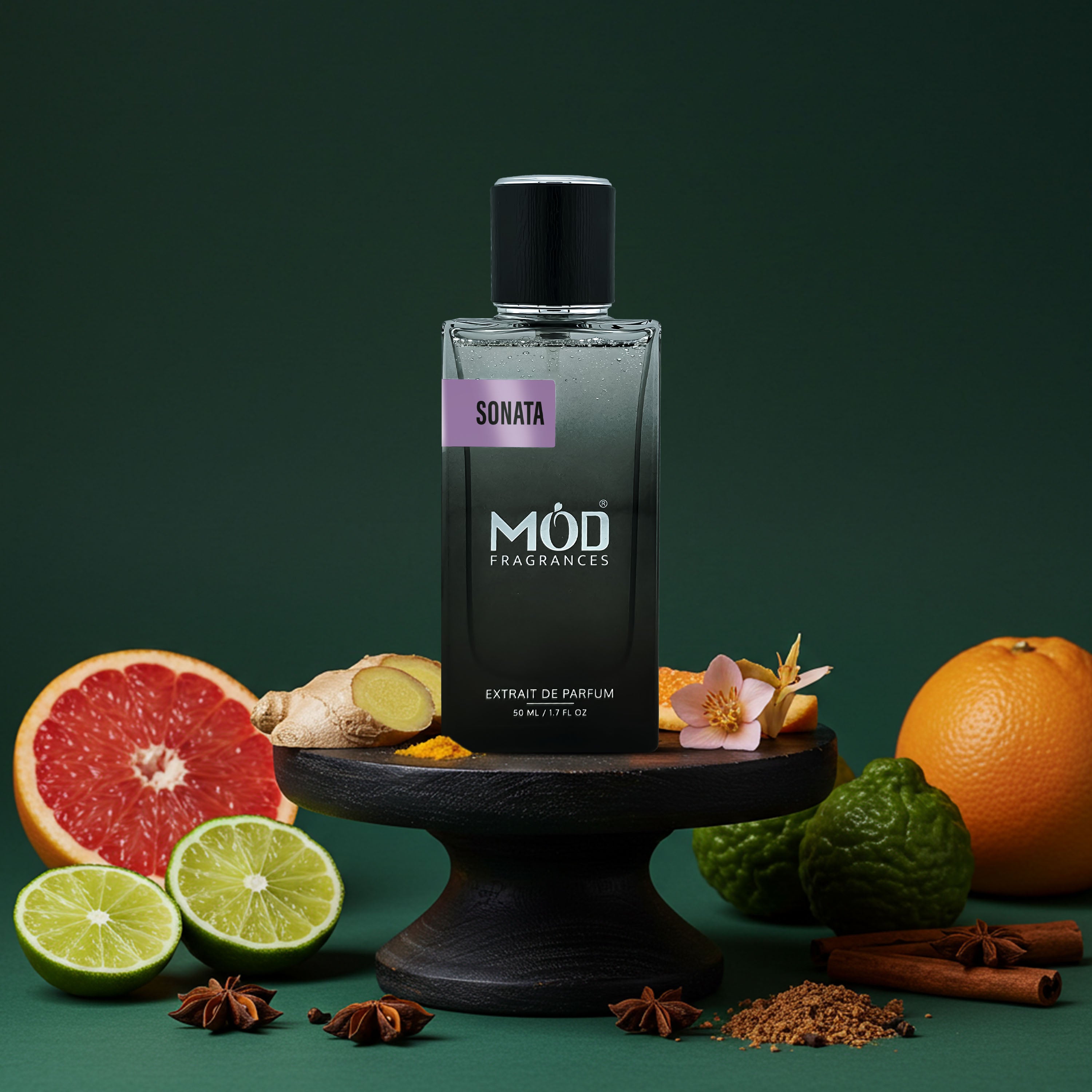 Perfume bottle labeled 'MOD Fragrances' with fruits and spices on a dark background
