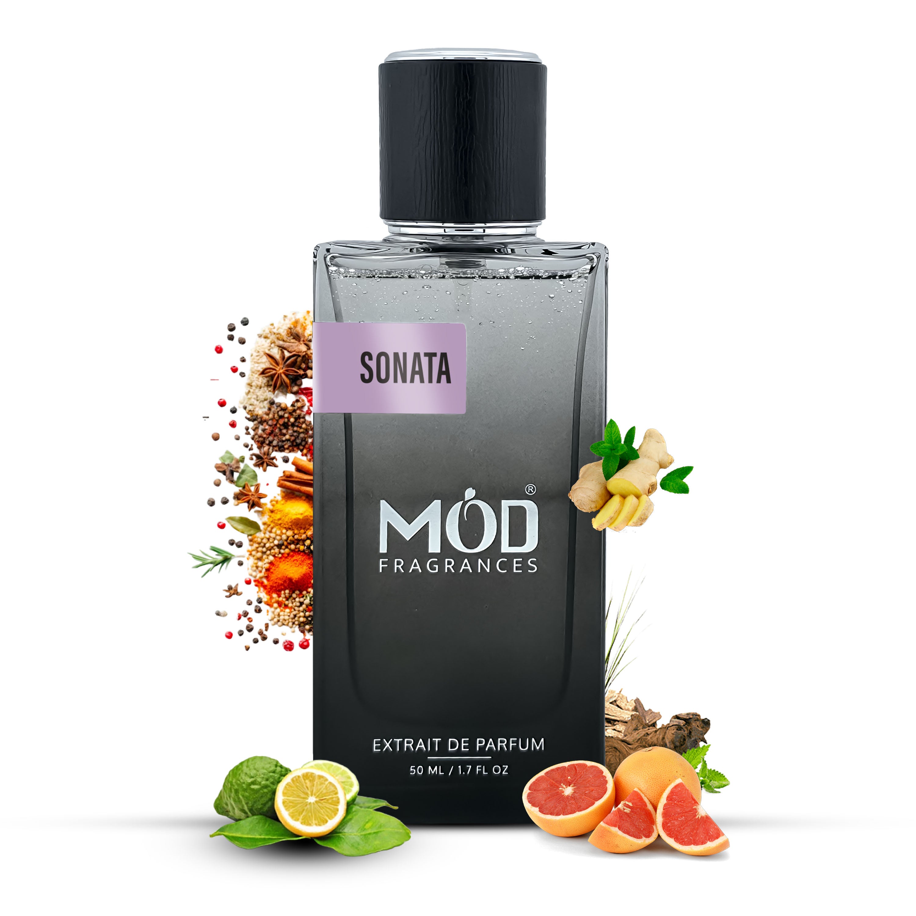 Möd Fragrances Sonata perfume bottle with floral and fruit elements on a white background