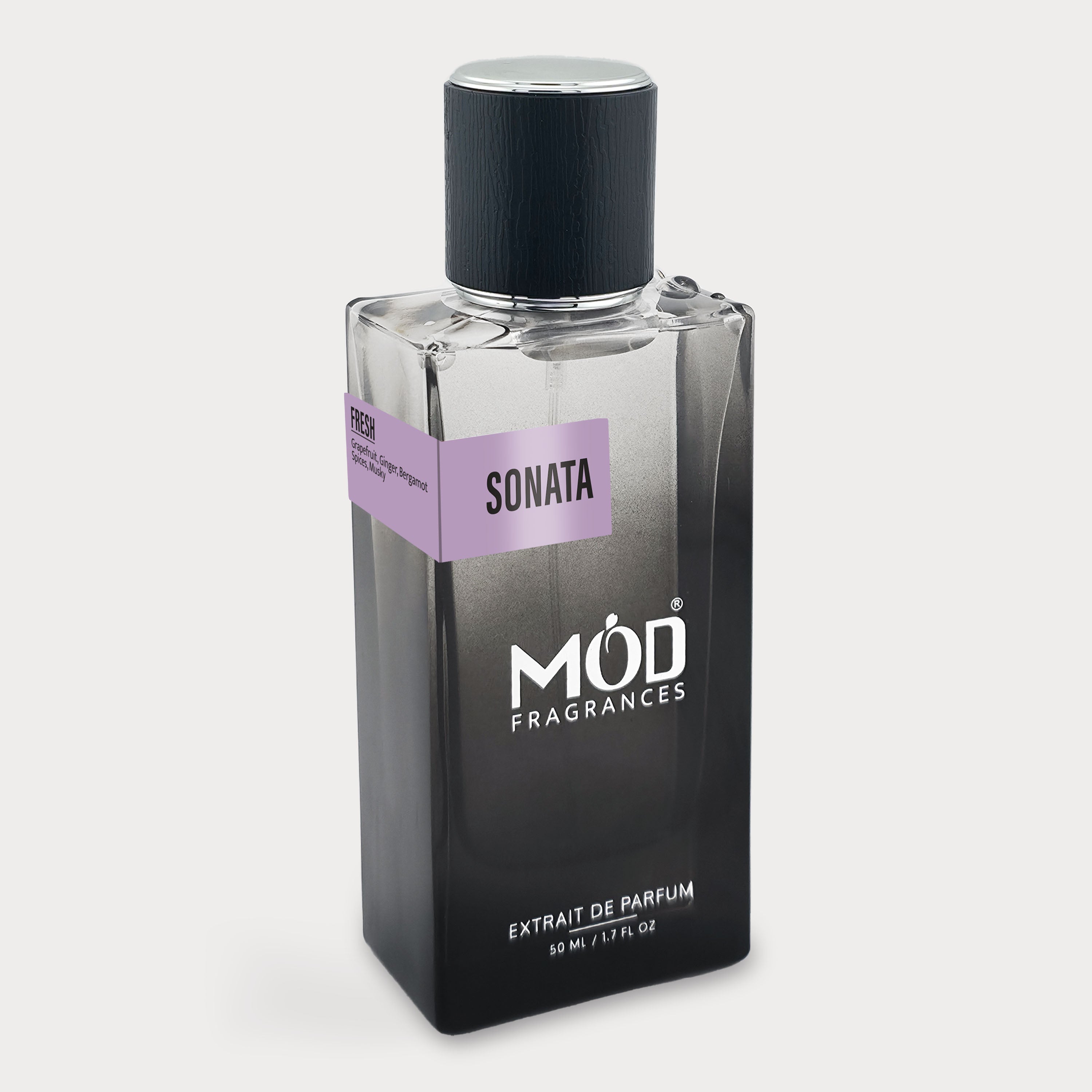 Perfume bottle labeled 'SONATA' by 'MOD Fragrances' on a light gray background