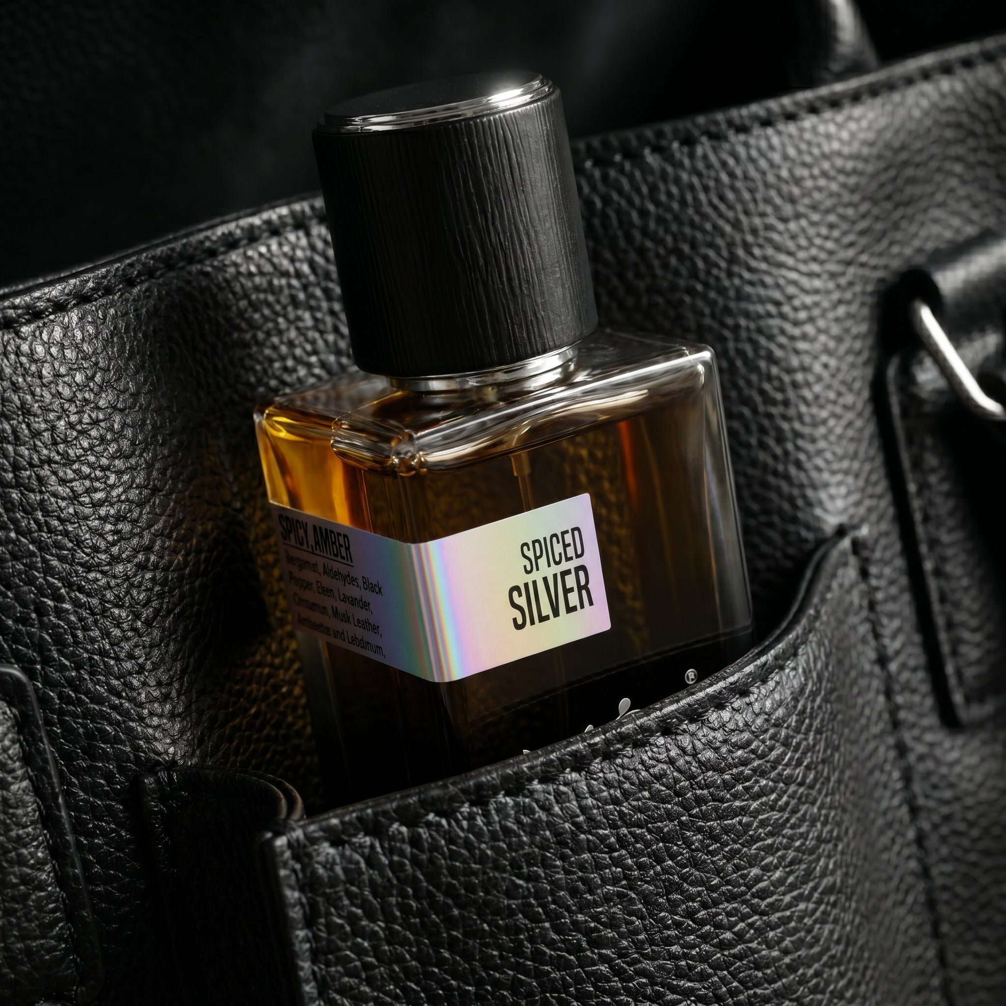 Perfume bottle labeled 'Spiced Silver' in a black leather pocketbook