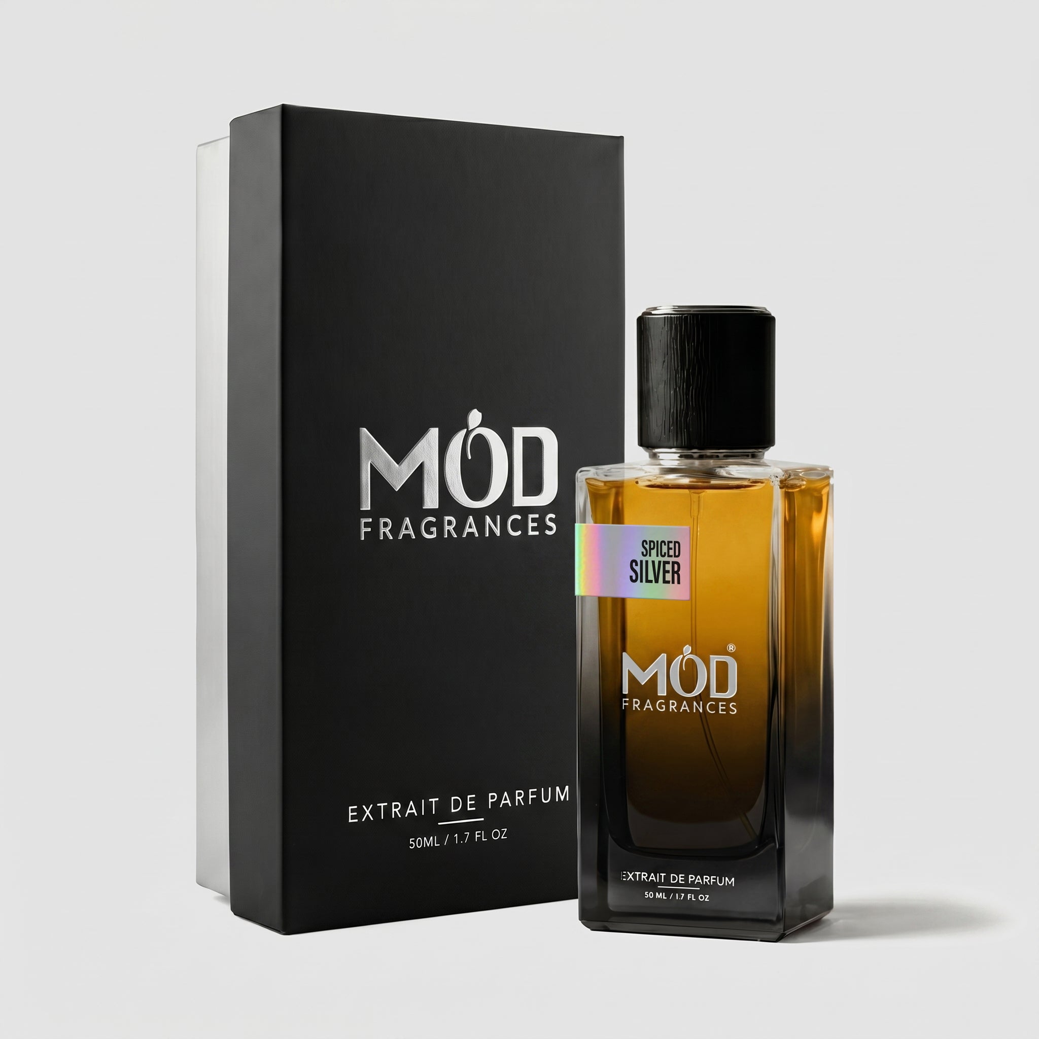 Mod Fragrances Spiced Silver perfume bottle and packaging on a light gray background