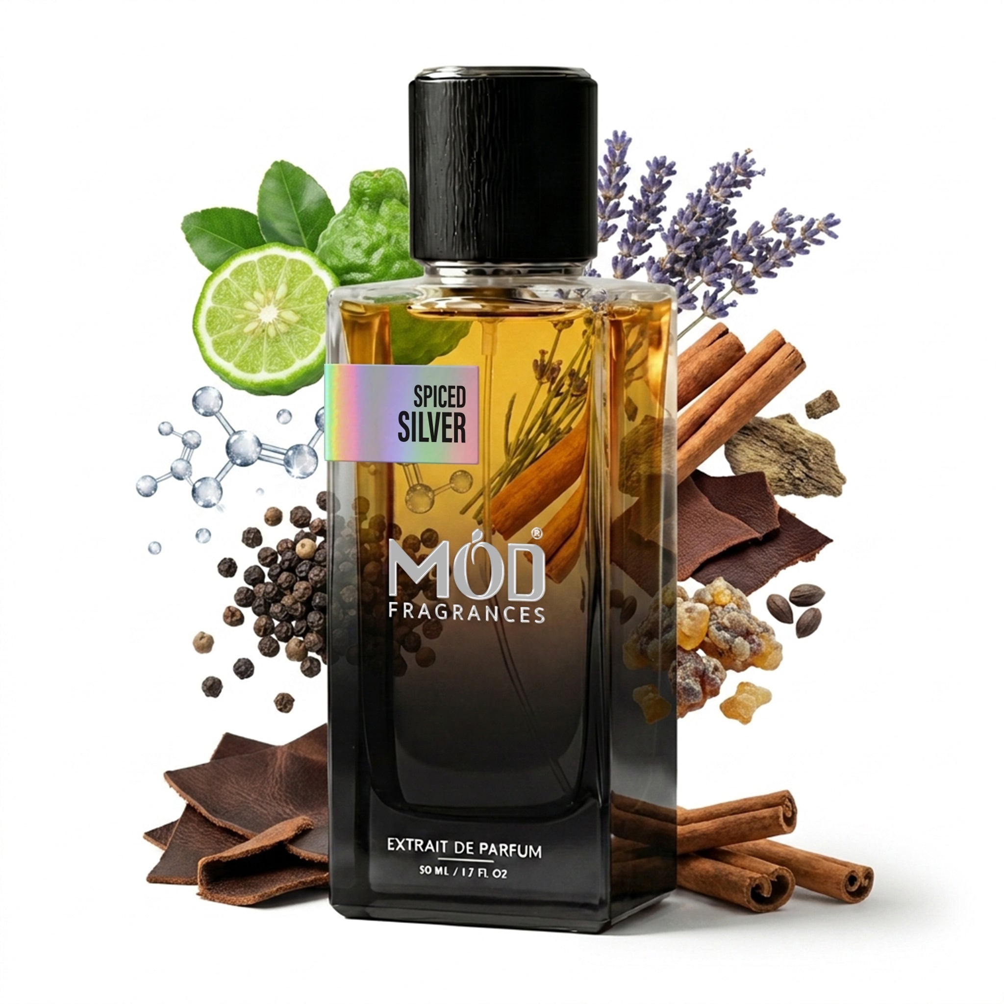 MOD Fragrances Spiced Silver perfume bottle surrounded by spices and herbs on a white background
