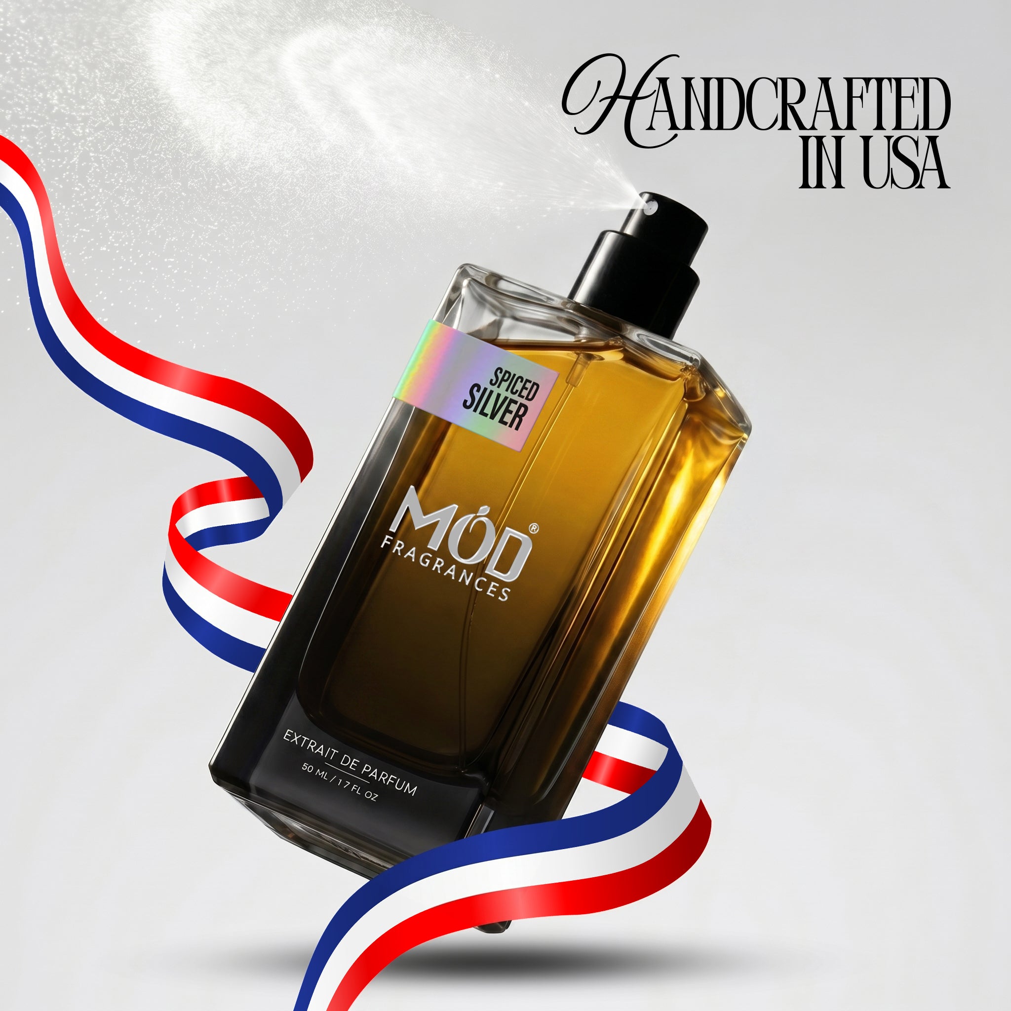Möd Fragrances Spiced Silver perfume bottle with American flag design on a white background
