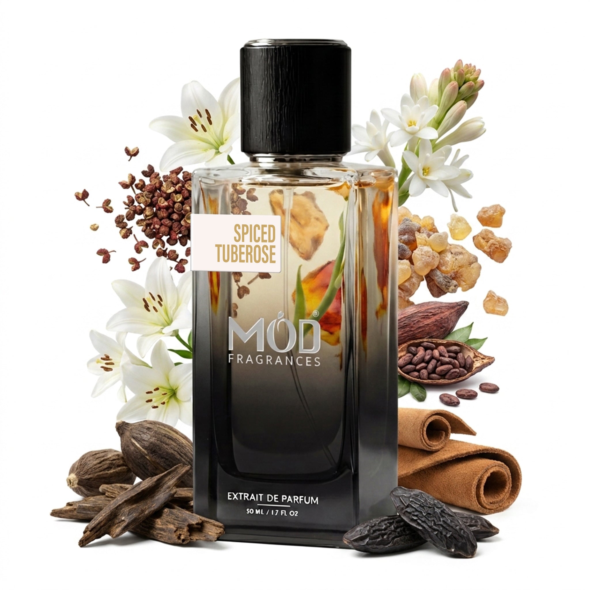 A glass perfume bottle by MOD Fragrances, labeled “Spiced Tuberose” is surrounded by a vibrant artistic arrangement of its fragrance ingredients, including Sichuan pepper, tuberose, jasmine, lily, styrax, benzoin, tonic beans, suede, cacao, agarwood, against a white background.