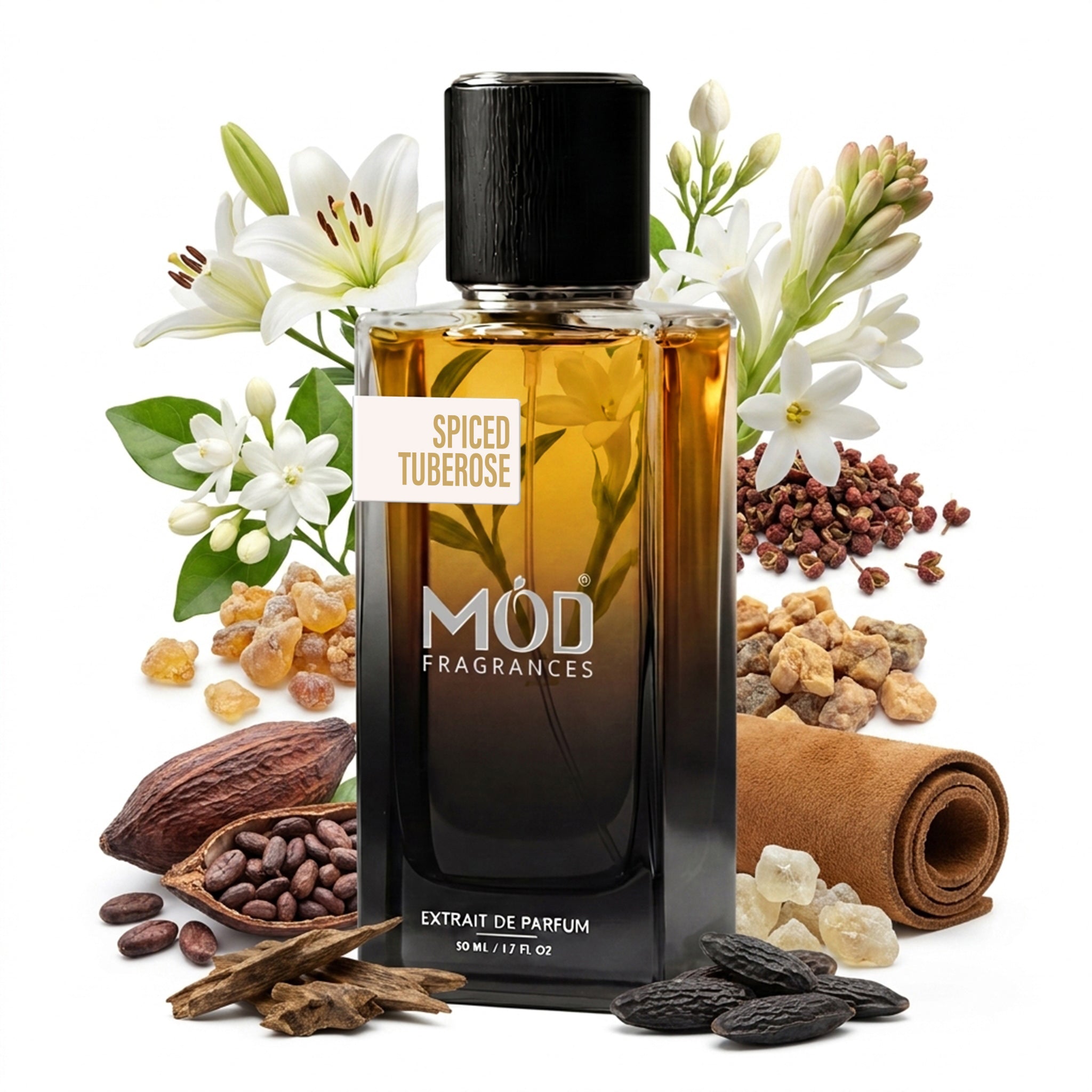 A glass perfume bottle by MOD Fragrances, labeled “Spiced Tuberose” is surrounded by a vibrant artistic arrangement of its fragrance ingredients, including Sichuan pepper, tuberose, jasmine, lily, styrax, benzoin, tonic beans, suede, cacao, agarwood, against a white background.