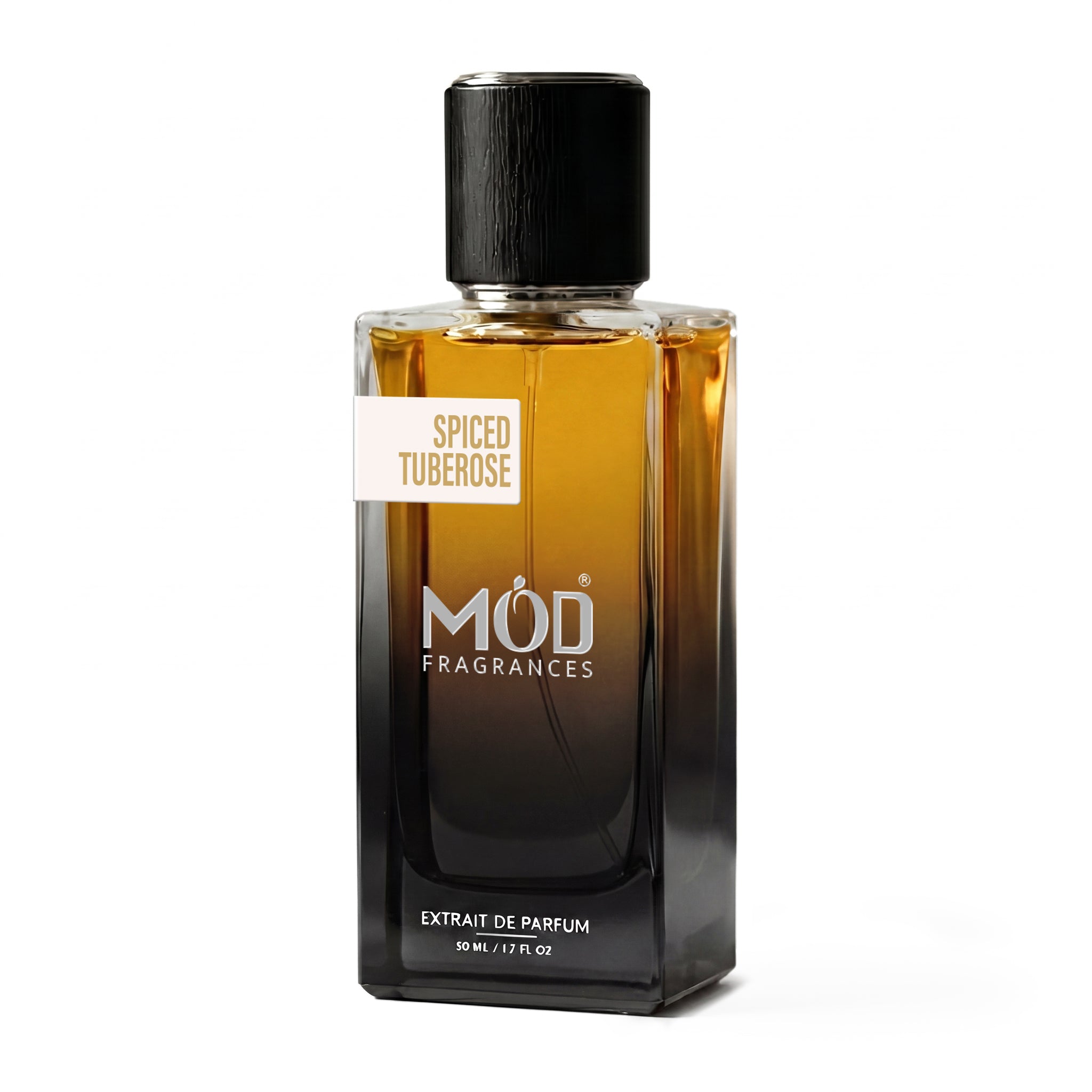 A rectangular glass perfume bottle by MOD Fragrances, labeled “Spiced Tuberose” stands centered against a plain white background, featuring a black cap and a gradient black-to-clear glass finish.