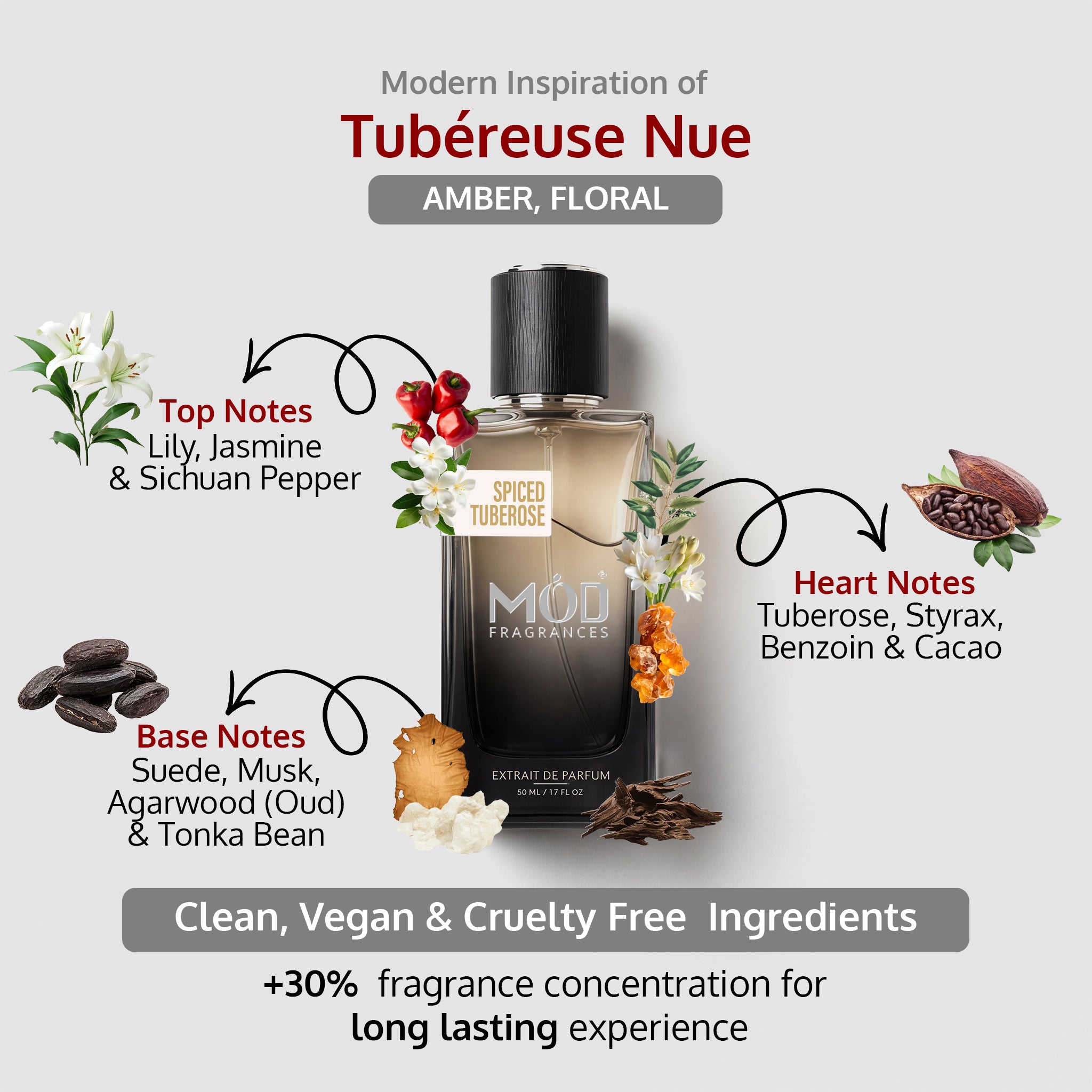 An informational graphic for MOD Fragrances' "Spiced Tuberose" displays the bottle in the center, with arrows pointing to the top, heart, and base notes, listing ingredients like Sichuan pepper, tuberose, jasmine, lily, styrax, benzoin, tonic beans, suede, cacao, agarwood, and highlighting its clean, vegan, and cruelty-free composition. Amber floral woody fragrance for unisex inspired by tubereuse Nue