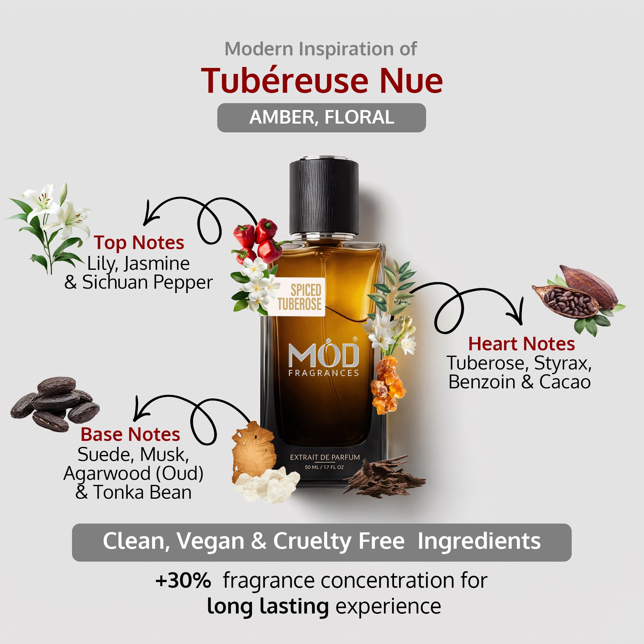 An informational graphic for MOD Fragrances' "Spiced Tuberose" displays the bottle in the center, with arrows pointing to the top, heart, and base notes, listing ingredients like Sichuan pepper, tuberose, jasmine, lily, styrax, benzoin, tonic beans, suede, cacao, agarwood, and highlighting its clean, vegan, and cruelty-free composition. Amber floral woody fragrance for unisex inspired by tubereuse Nue
