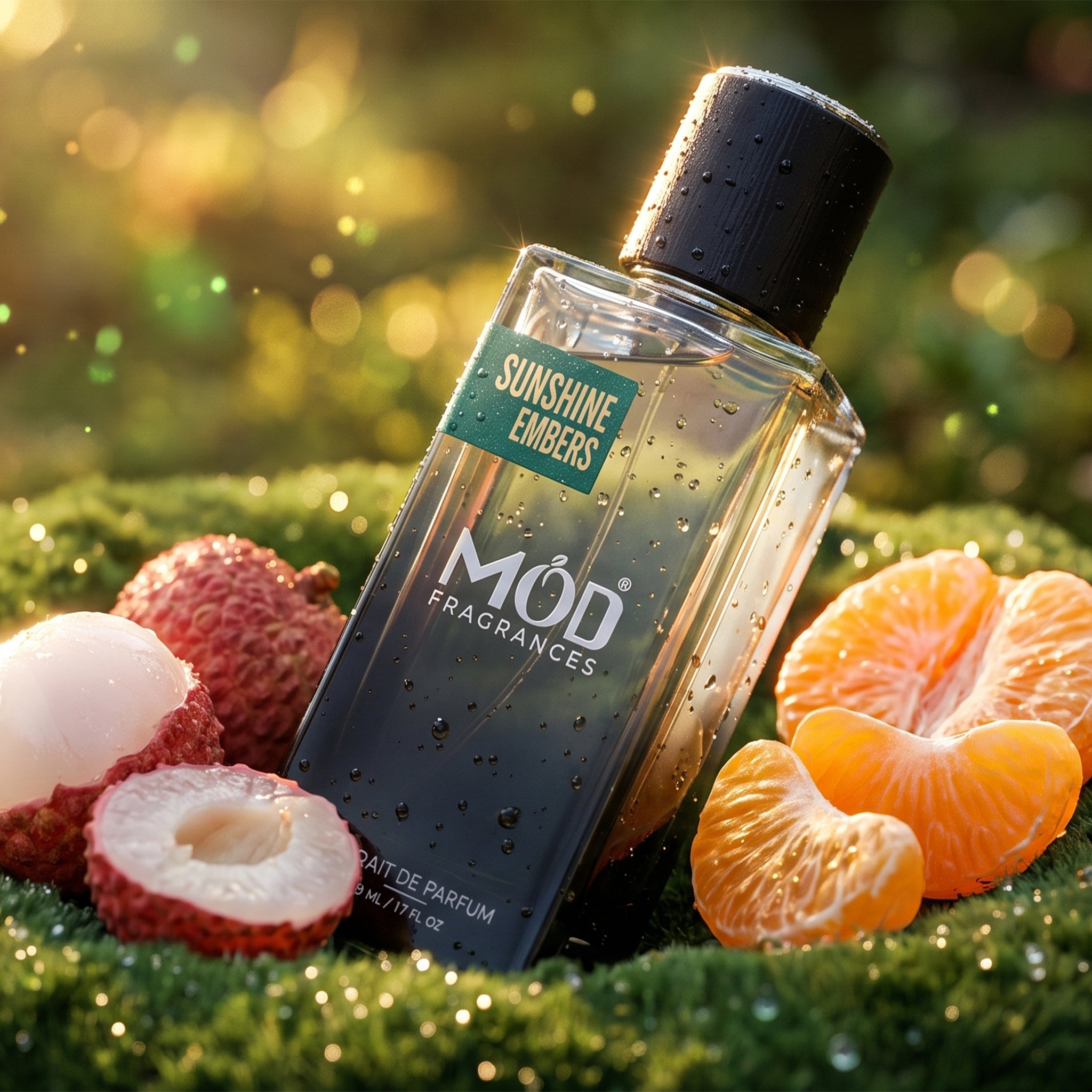Inspired by Greenwich Village Perfume Dupe. Sunshine Embers by Mod Fragrances on green grass along with orange and lychee