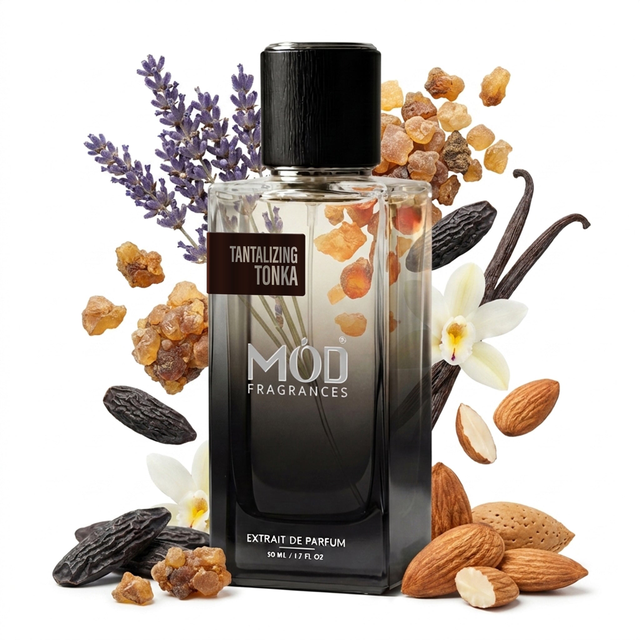 Inspired by Myrrh & Tonka Perfume Dupe bottle by Mod Fragrances surrounded by Perfume notes elements. 
