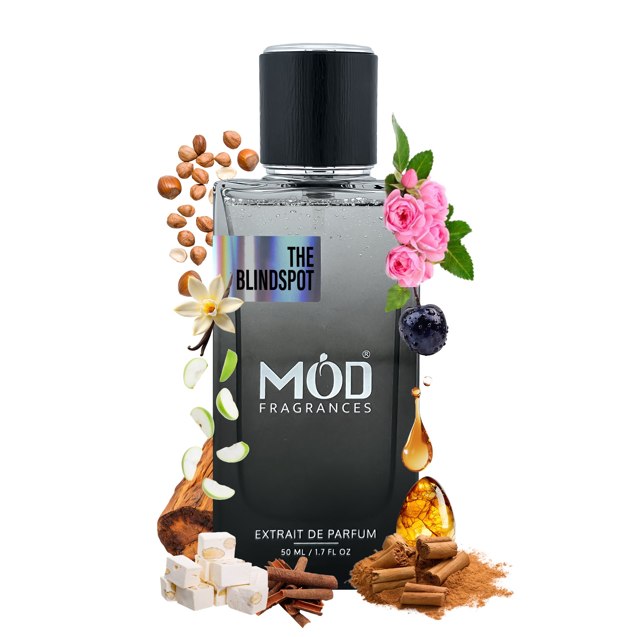 MOD Fragrances perfume bottle with floral and spice elements on a white background