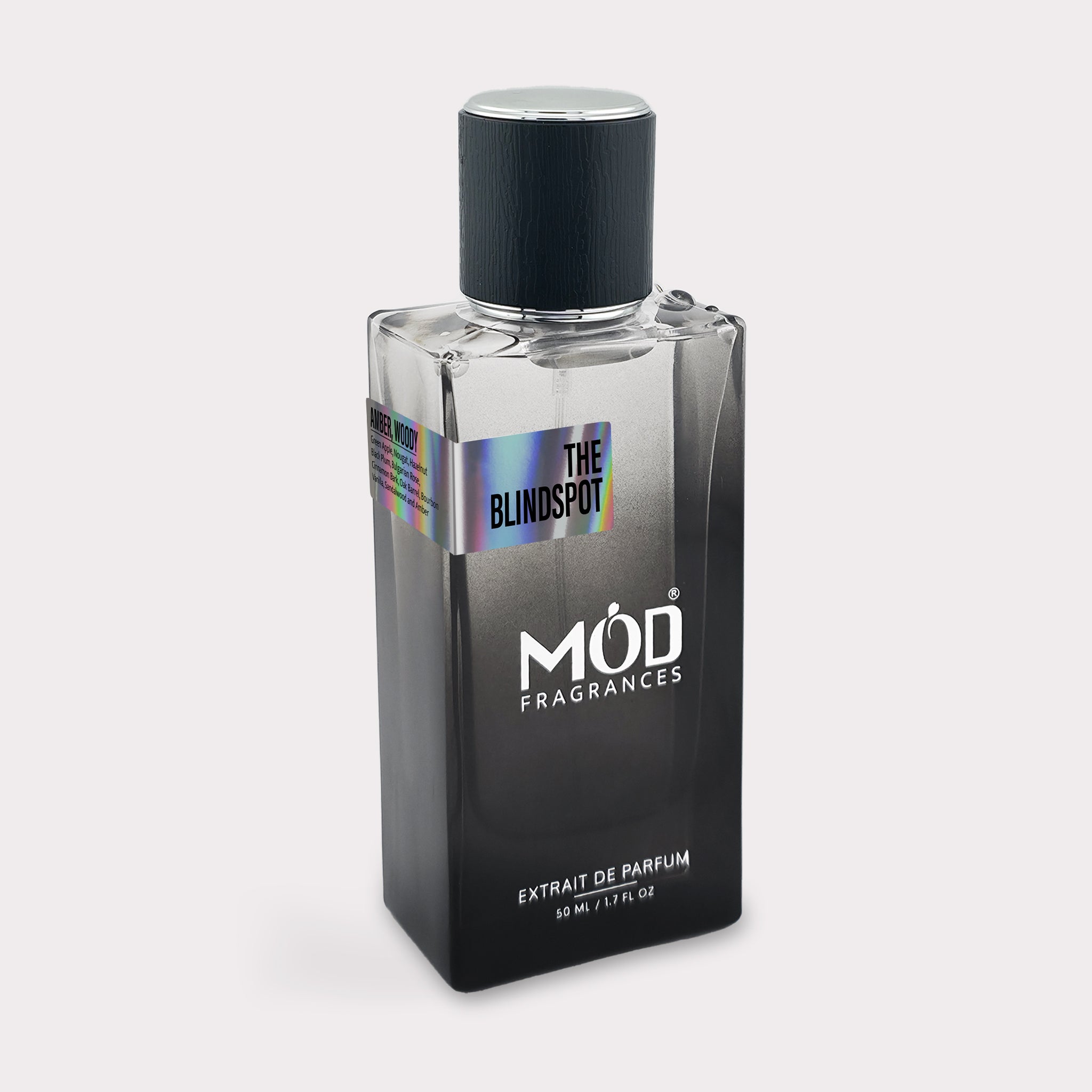 Perfume bottle labeled 'MOD Fragrances' on a light gray background