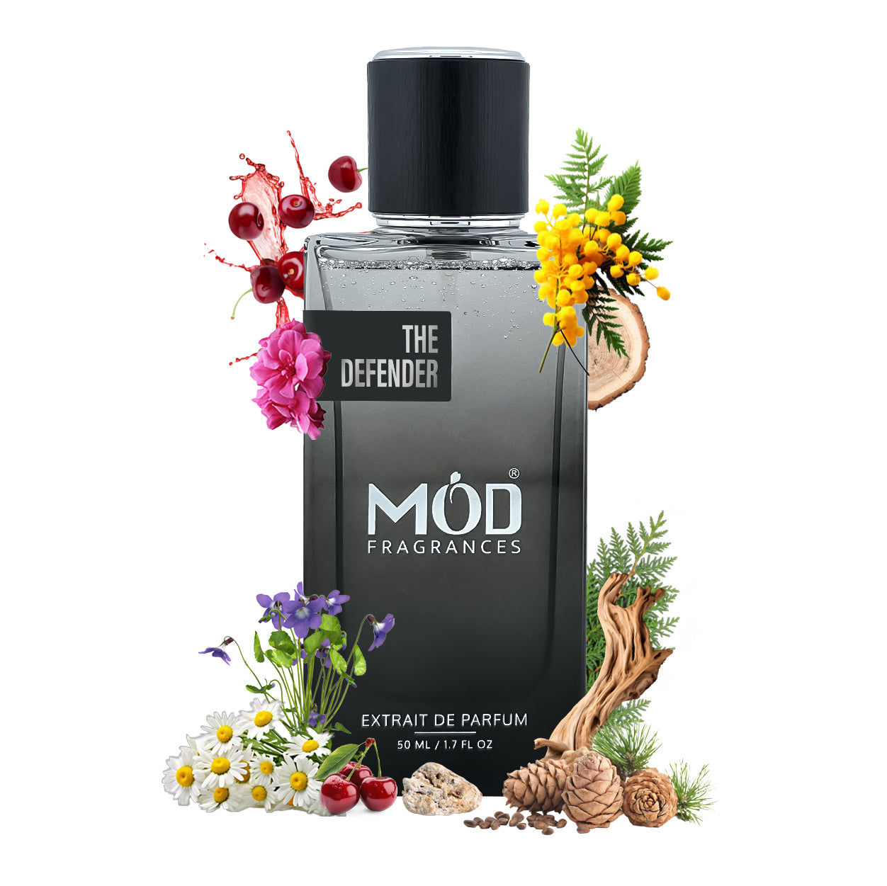 Inspired by French Defense  Perfume bottle labeled 'The Defender' by 'MOD Fragrances' surrounded by floral and natural elements on a white background.