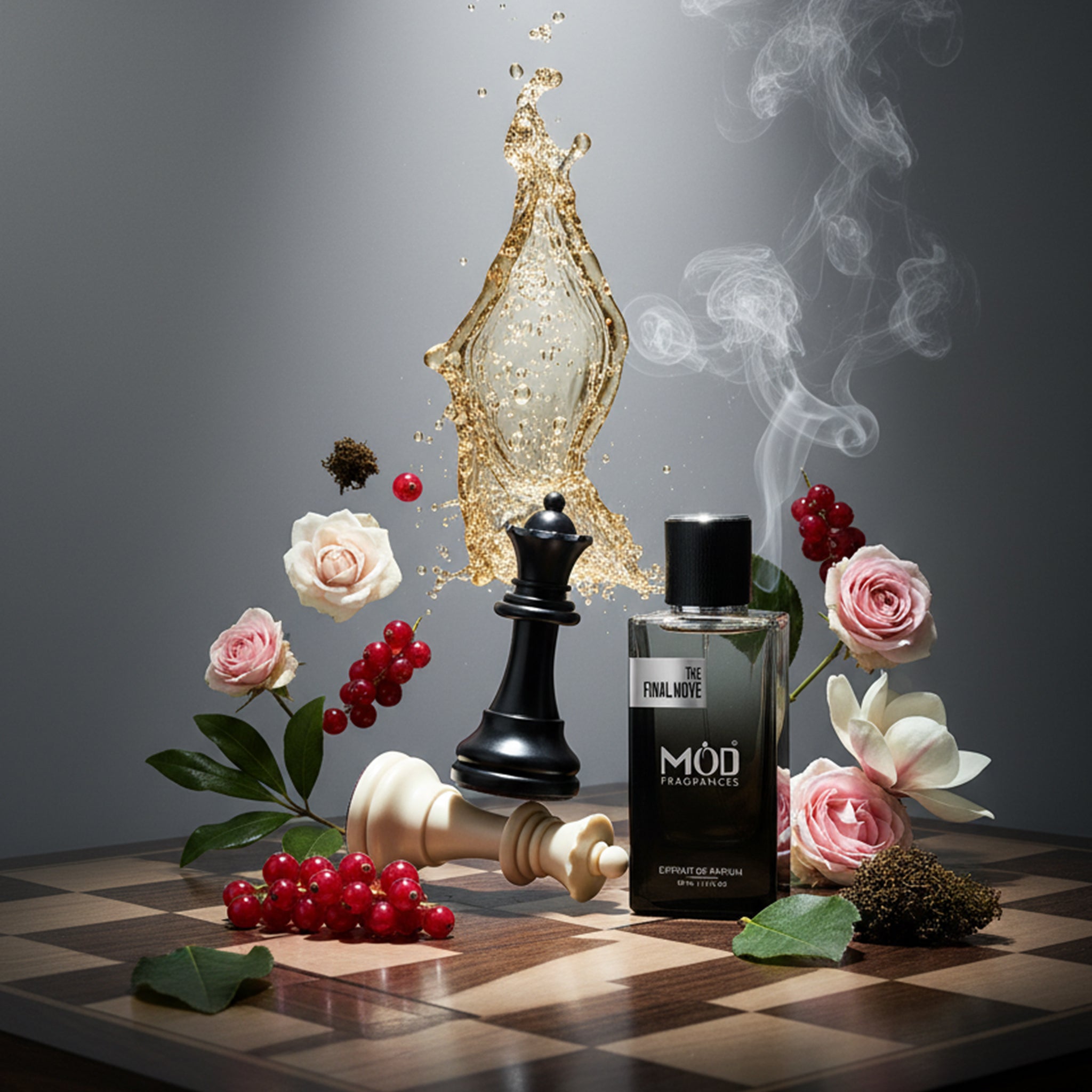 Perfume bottle on a chessboard with flowers and decorative elements