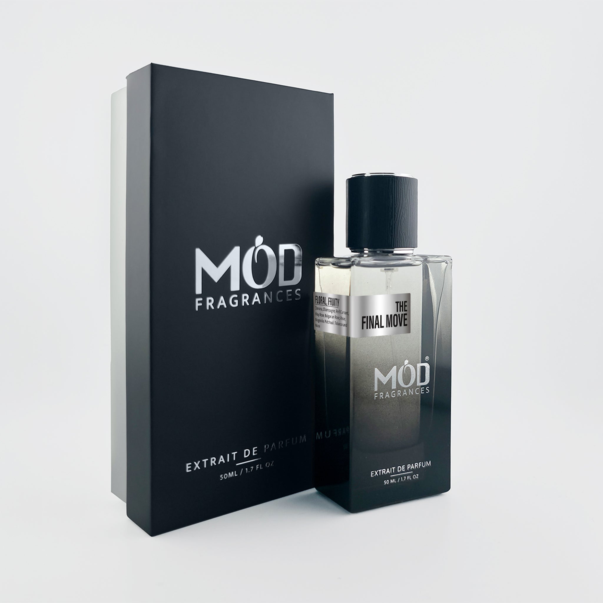 MOD Fragrances perfume bottle and packaging on a light gray background