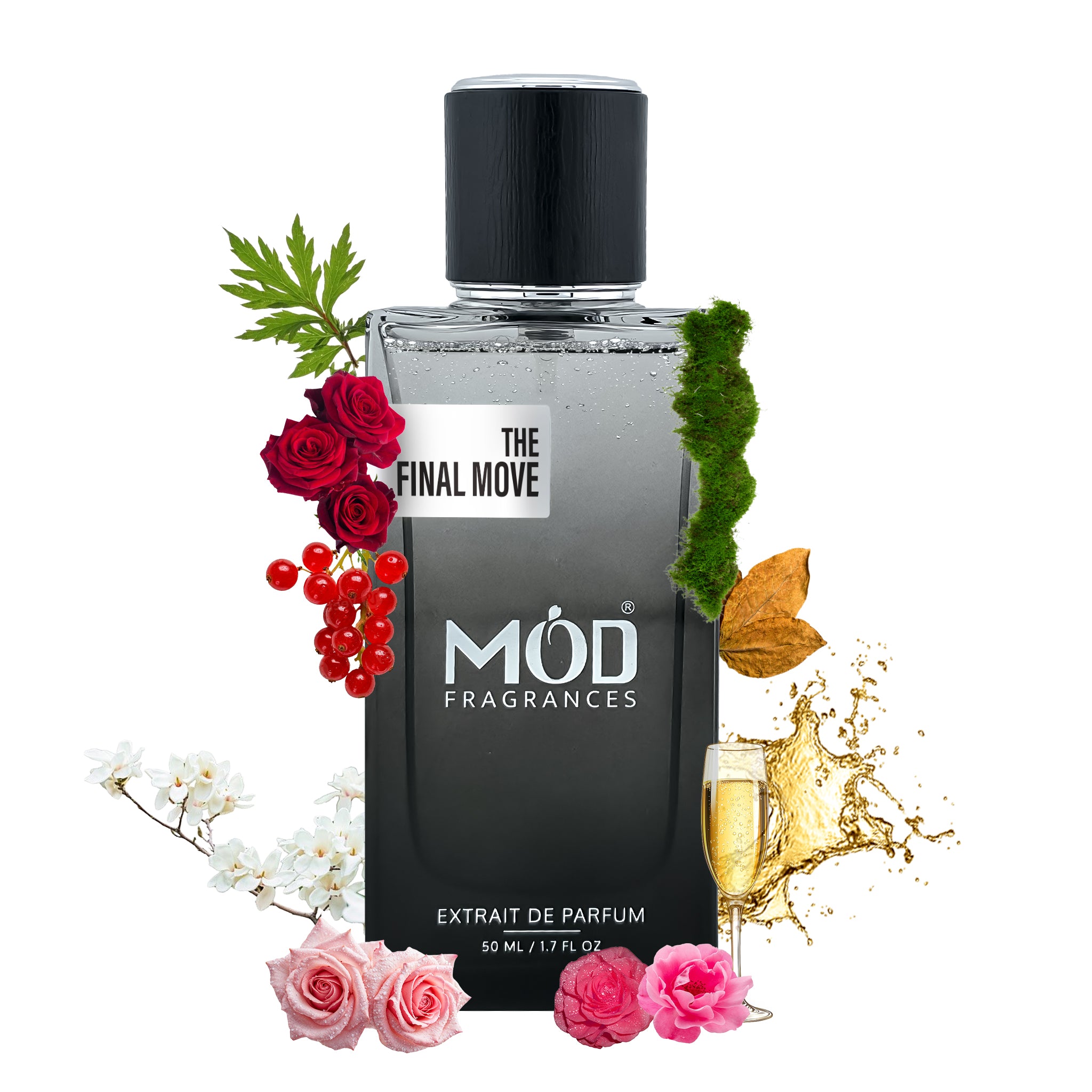 Perfume bottle labeled 'The Final Move' by MOD Fragrances with floral and celebratory elements on a white background.