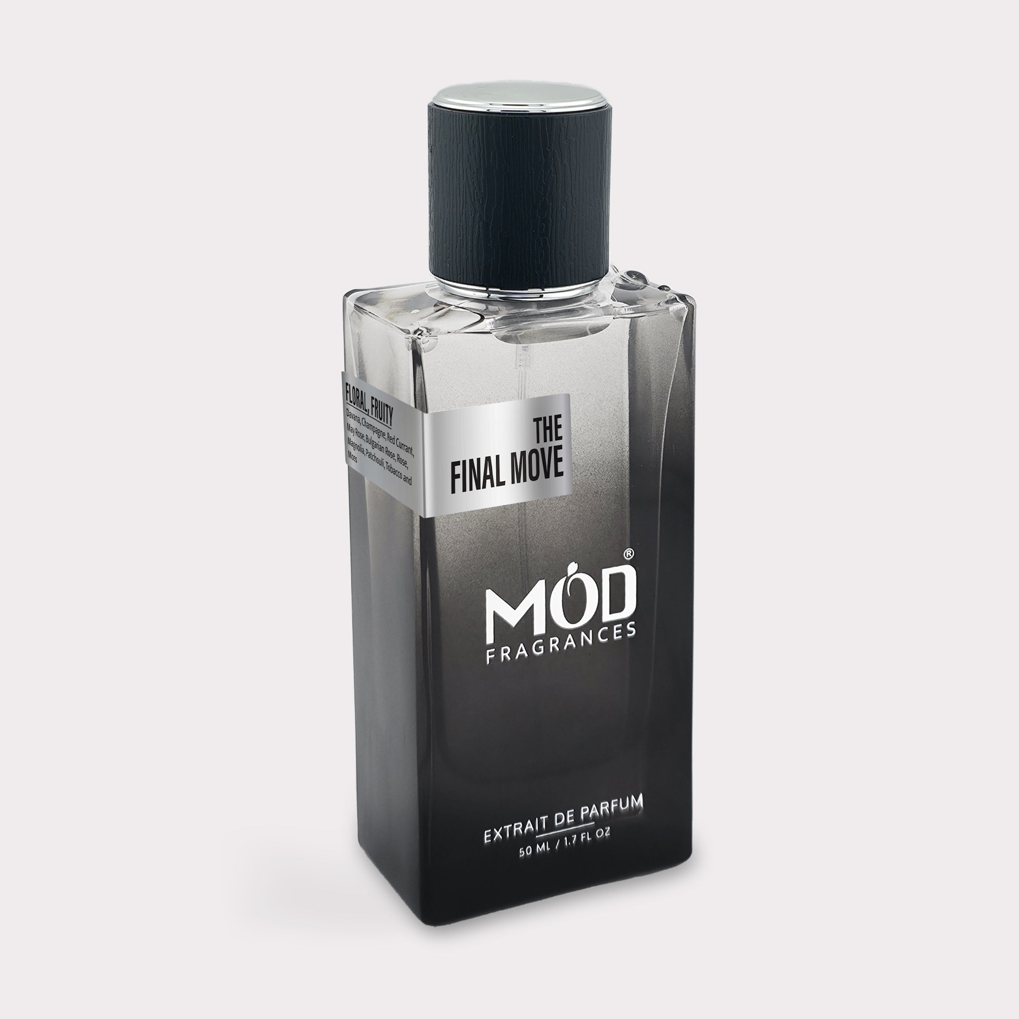 Perfume bottle labeled 'MOD Fragrances' on a light gray background