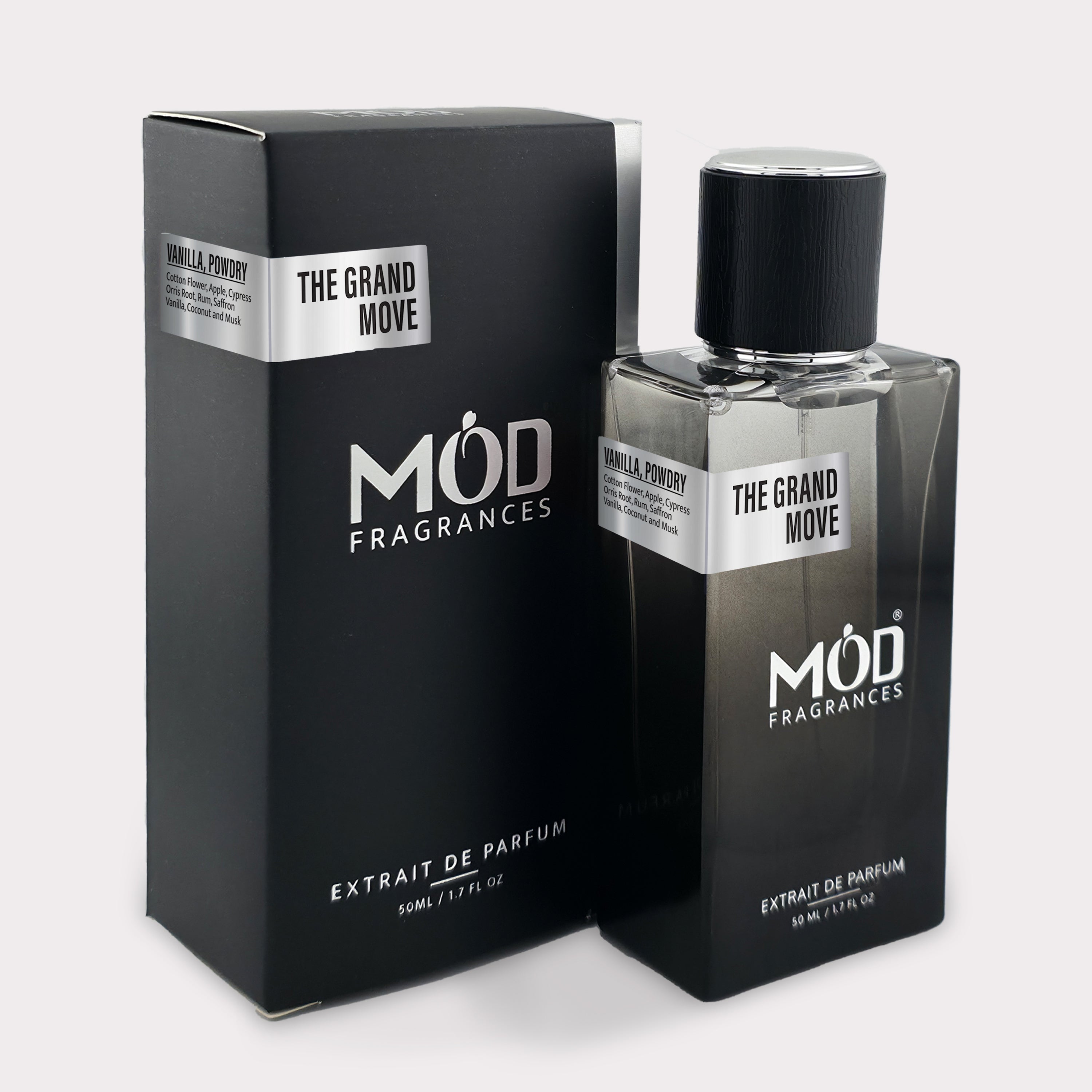 Inspired by Mind Games Queening - Black Perfume Bottle labeled The Grand Move by Mod Fragrances with Box