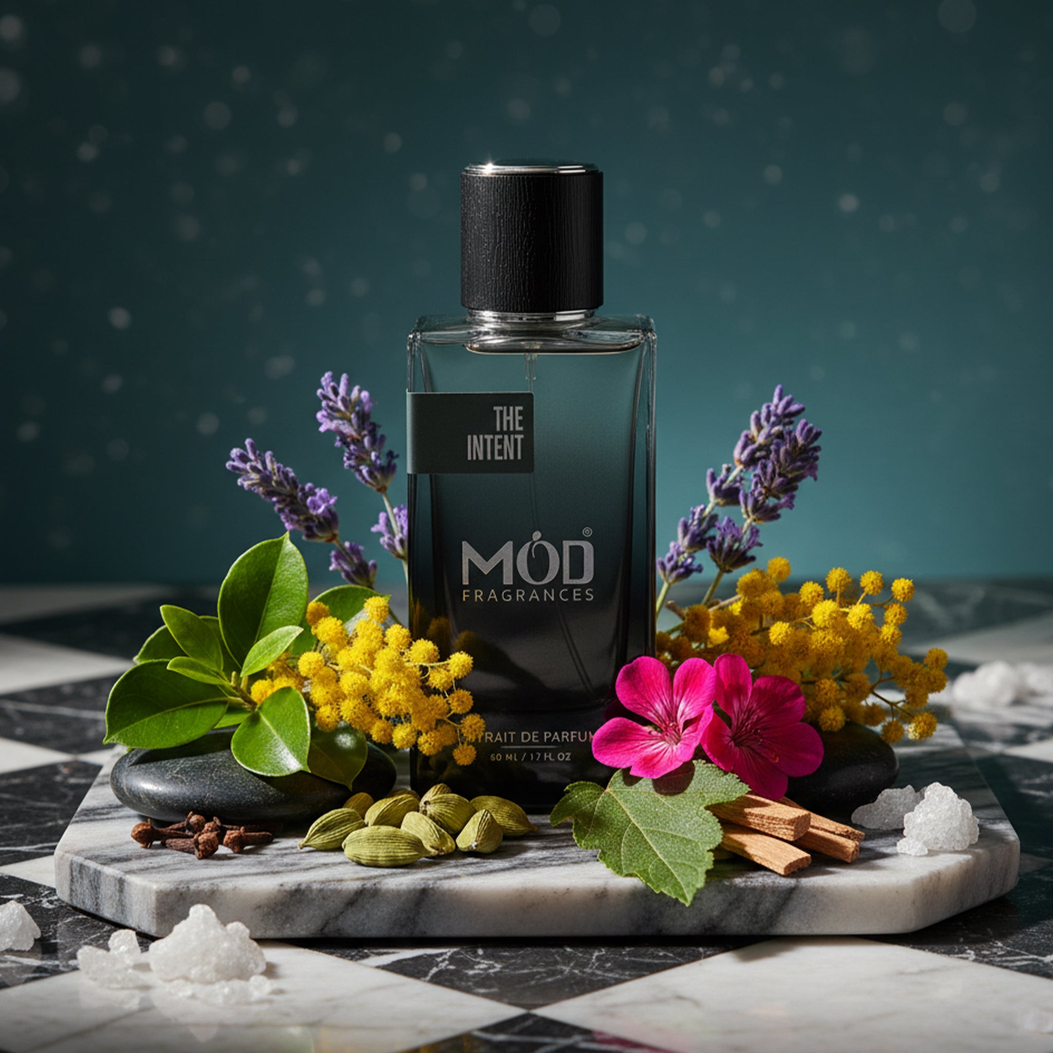 Mod Fragrances The Intent Perfume bottle surrounded by floral bouquet.