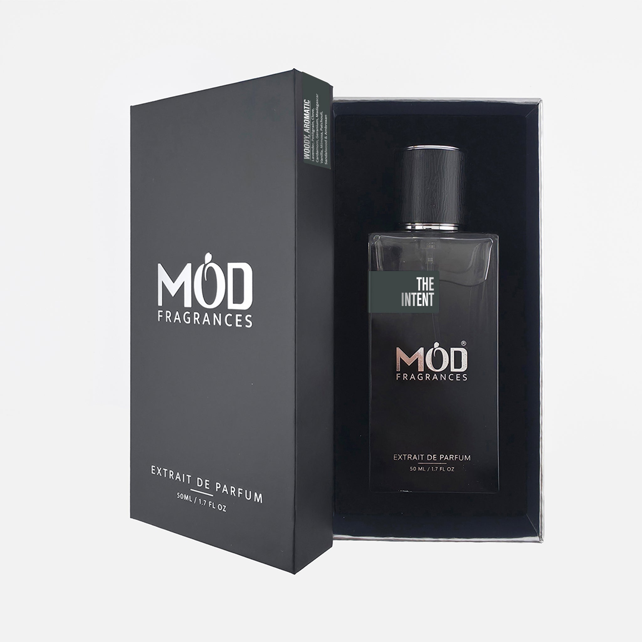 Mod Fragrances Intent perfume inside box. 