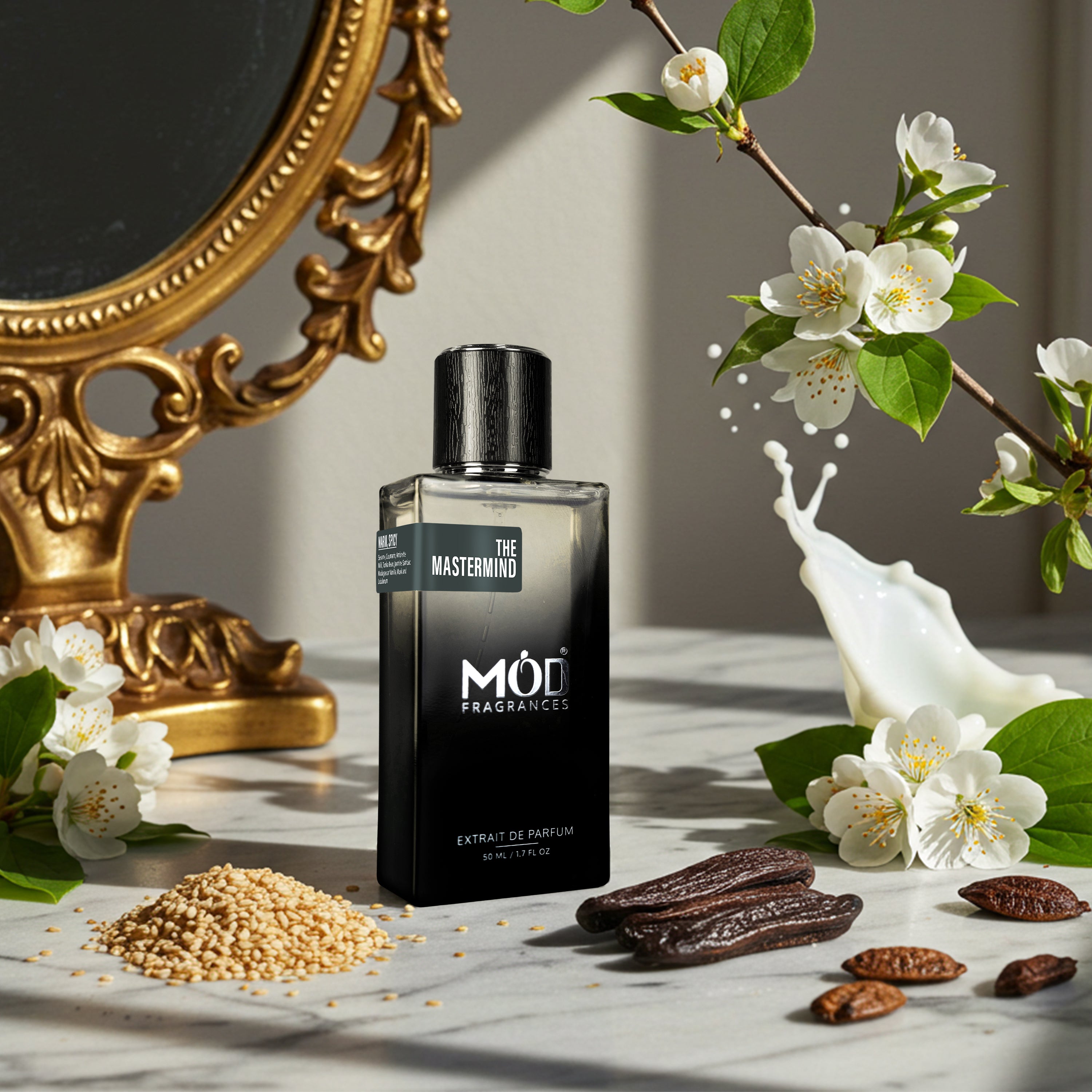Inspired by Mind Games Sissa Perfume Dupe - The Master Mind by Mod Fragrances, Black Perfume Bottle on Marble surface along with spices, white flowers and ingredients