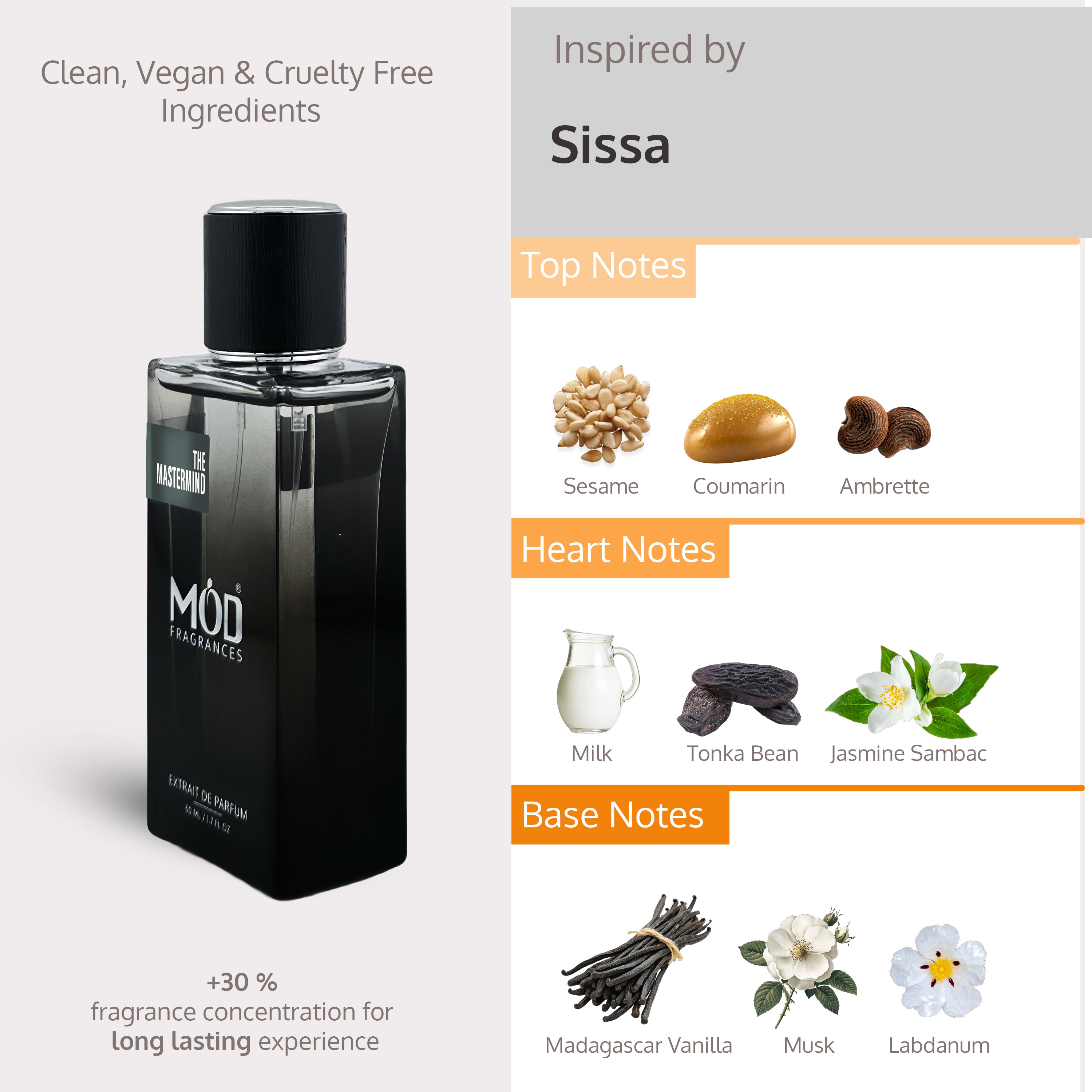 Inspired by Mind Games Sissa Perfume Dupe - The Master Mind by Mod Fragrances, Black Perfume Bottle with Perfume Notes