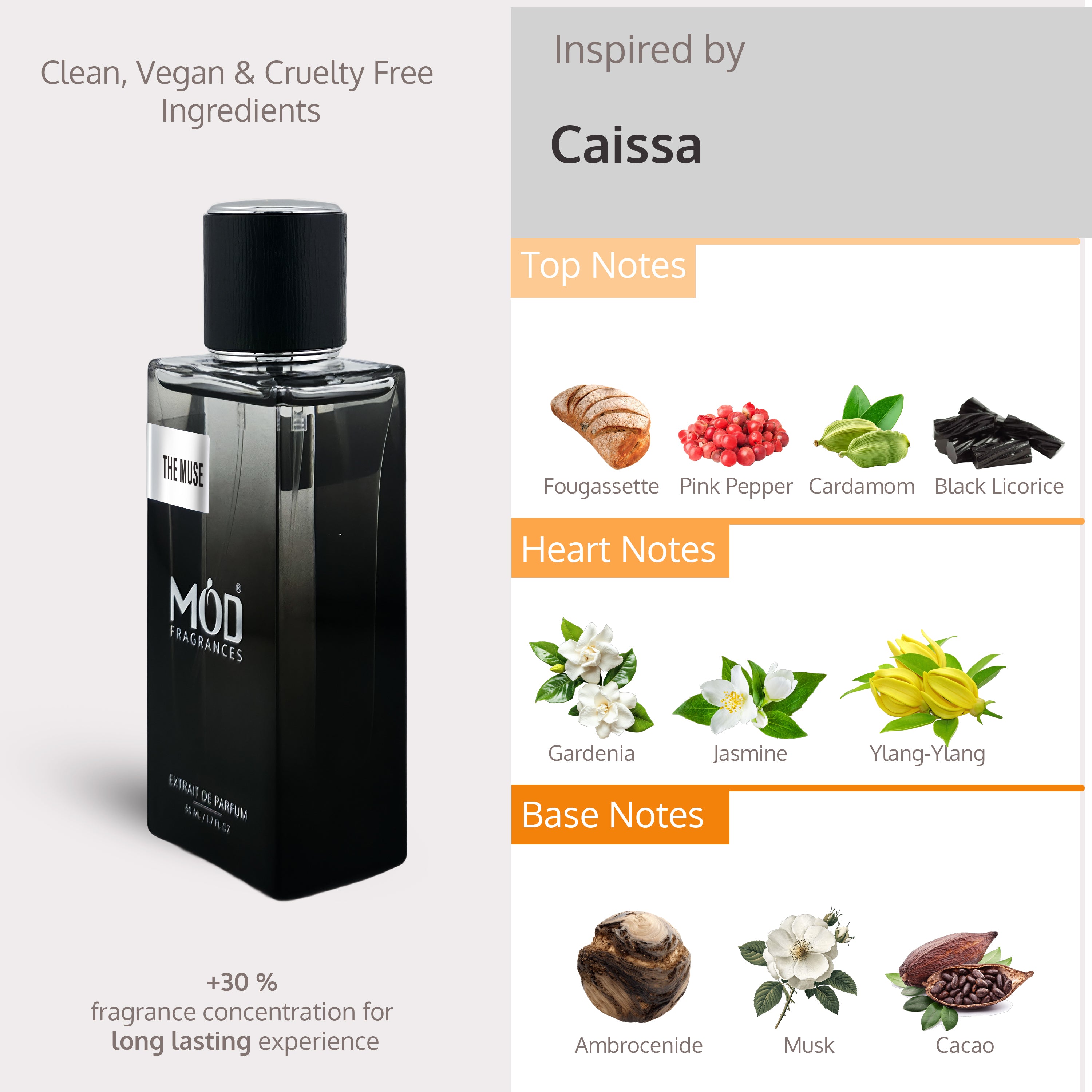 Inspired by Mind Games Caissa Black Perfume Bottle with Label The Muse by Mod Fragrances along with Notes