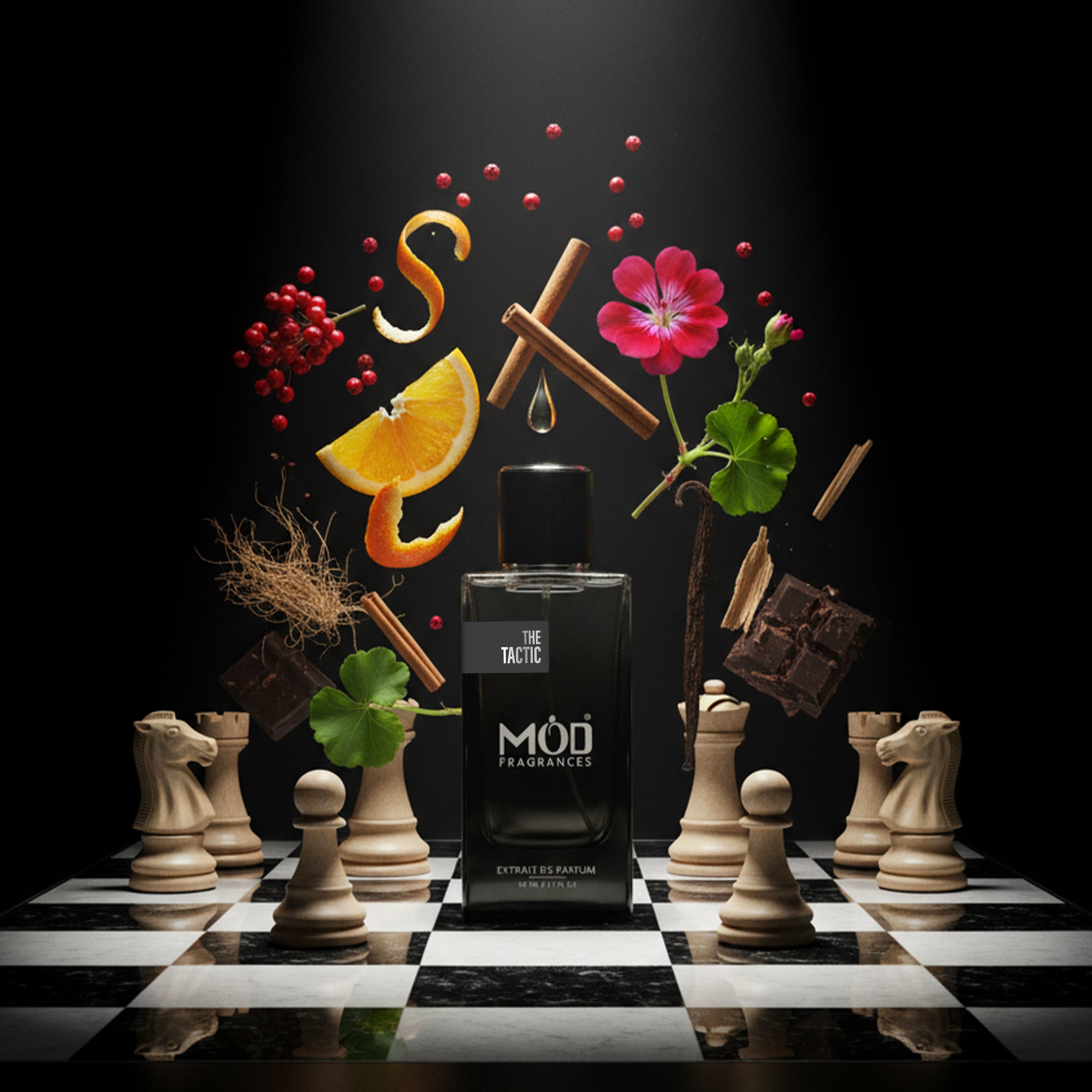 Möd Fragrances bottle on a chessboard with floral, fruit, and chocolate elements.