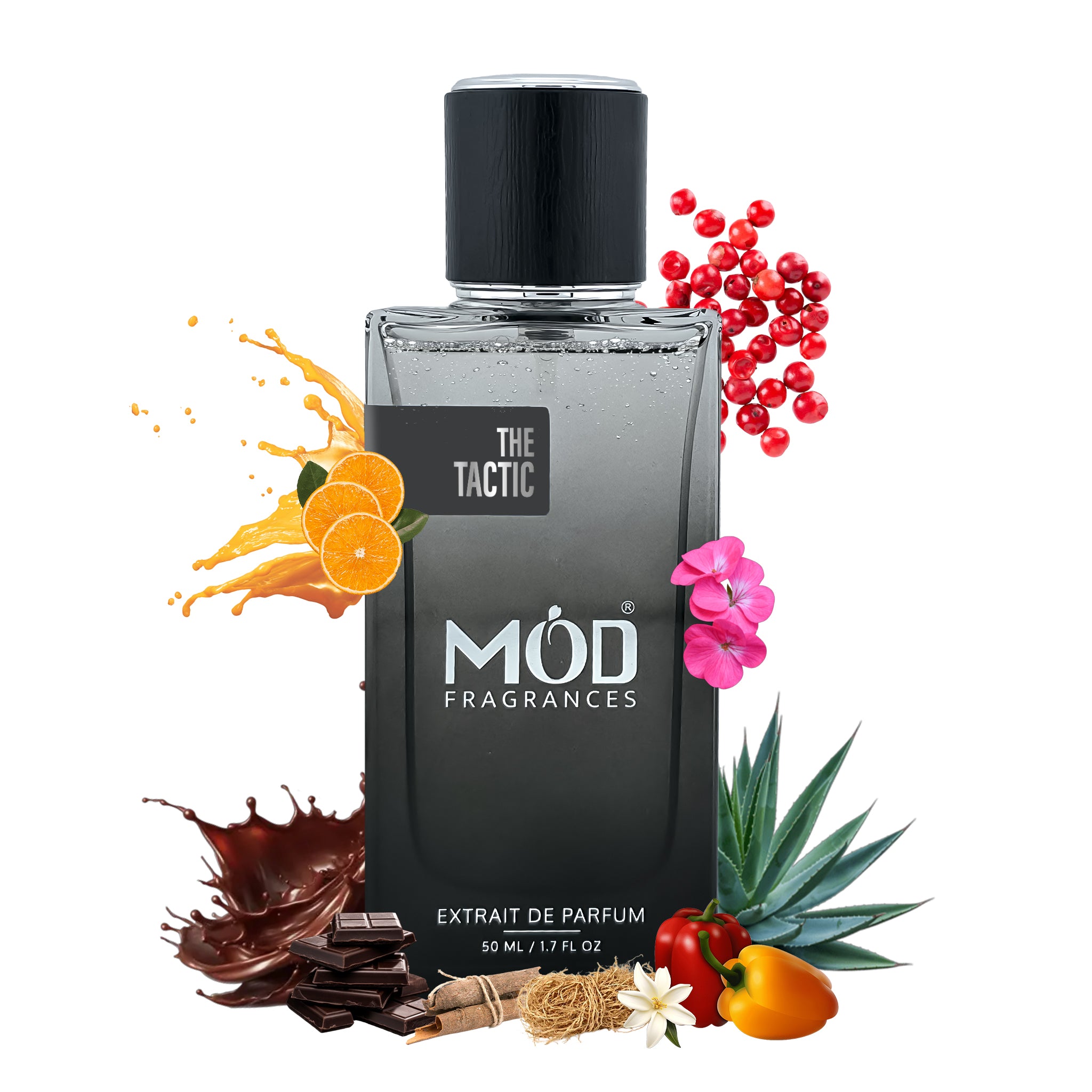MOD Fragrances perfume bottle with fruit, chocolate, and flower elements on a white background