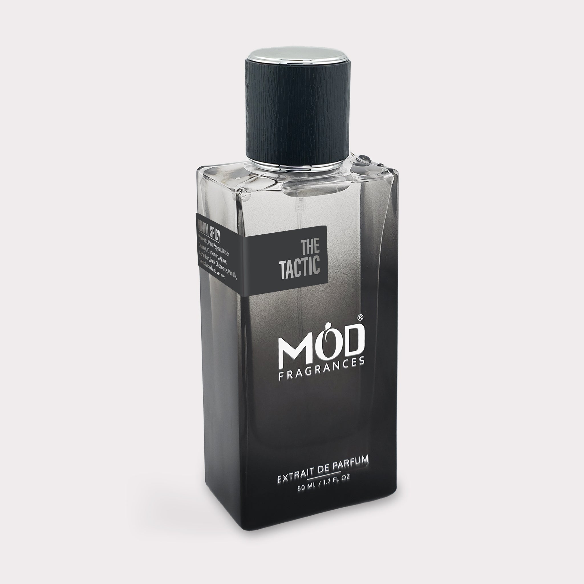 Perfume bottle labeled 'MOD Fragrances' on a light gray background