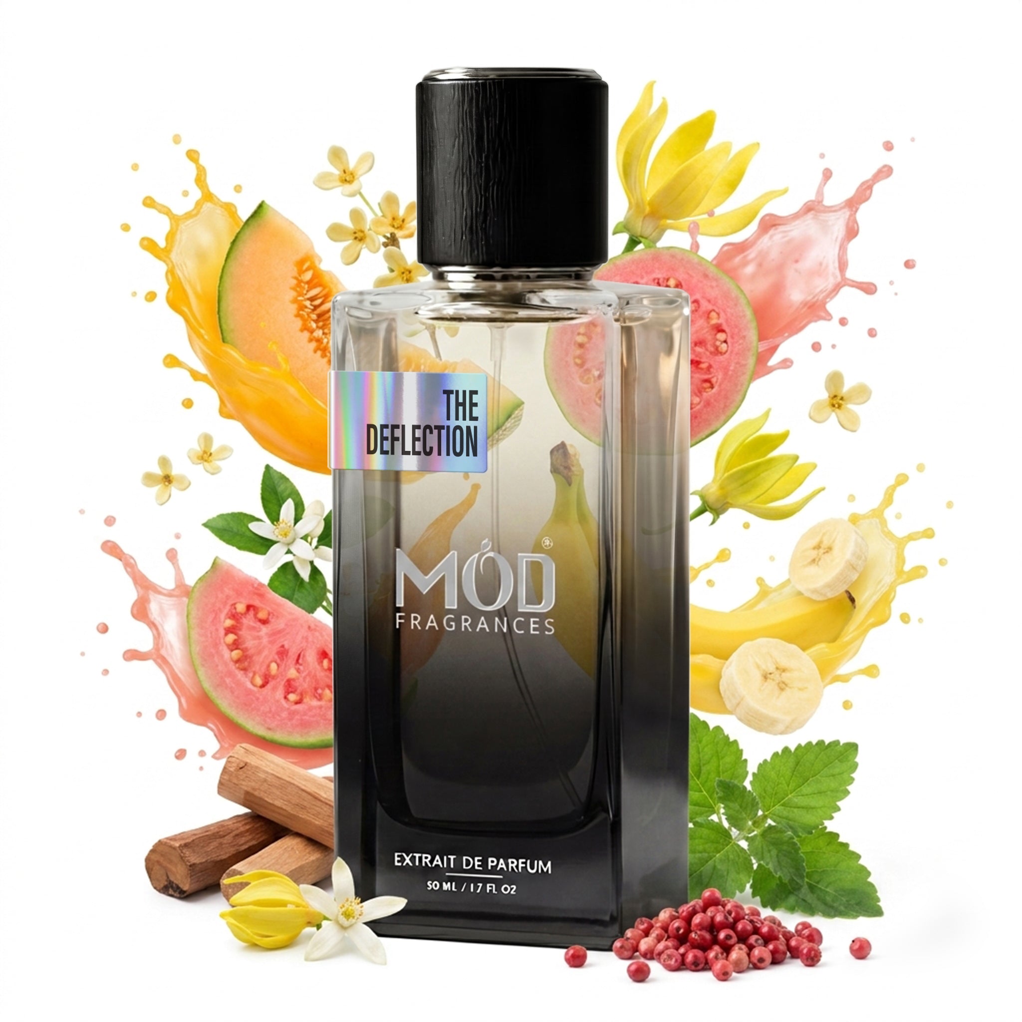 Inspired by Mind games counterplay perfume dupe.  A bottle of Mod Fragrances 'The Deflection' extrait de parfum, styled with fresh fruit slices, cinnamon sticks, mint leaves, and pink peppercorns on a white background.