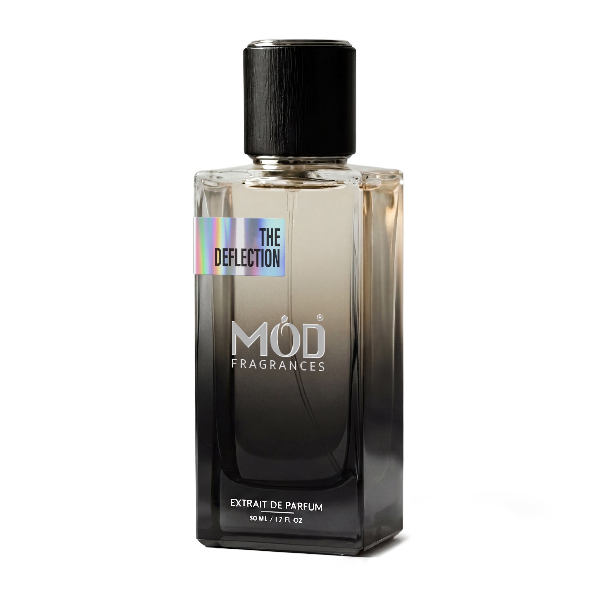 Inspired by Mind games counterplay perfume dupe. A 50 mL bottle of MOD Fragrances 'The Deflection' Extrait de Parfum, featuring a black-to-clear gradient glass bottle and a black cap, on a white background.