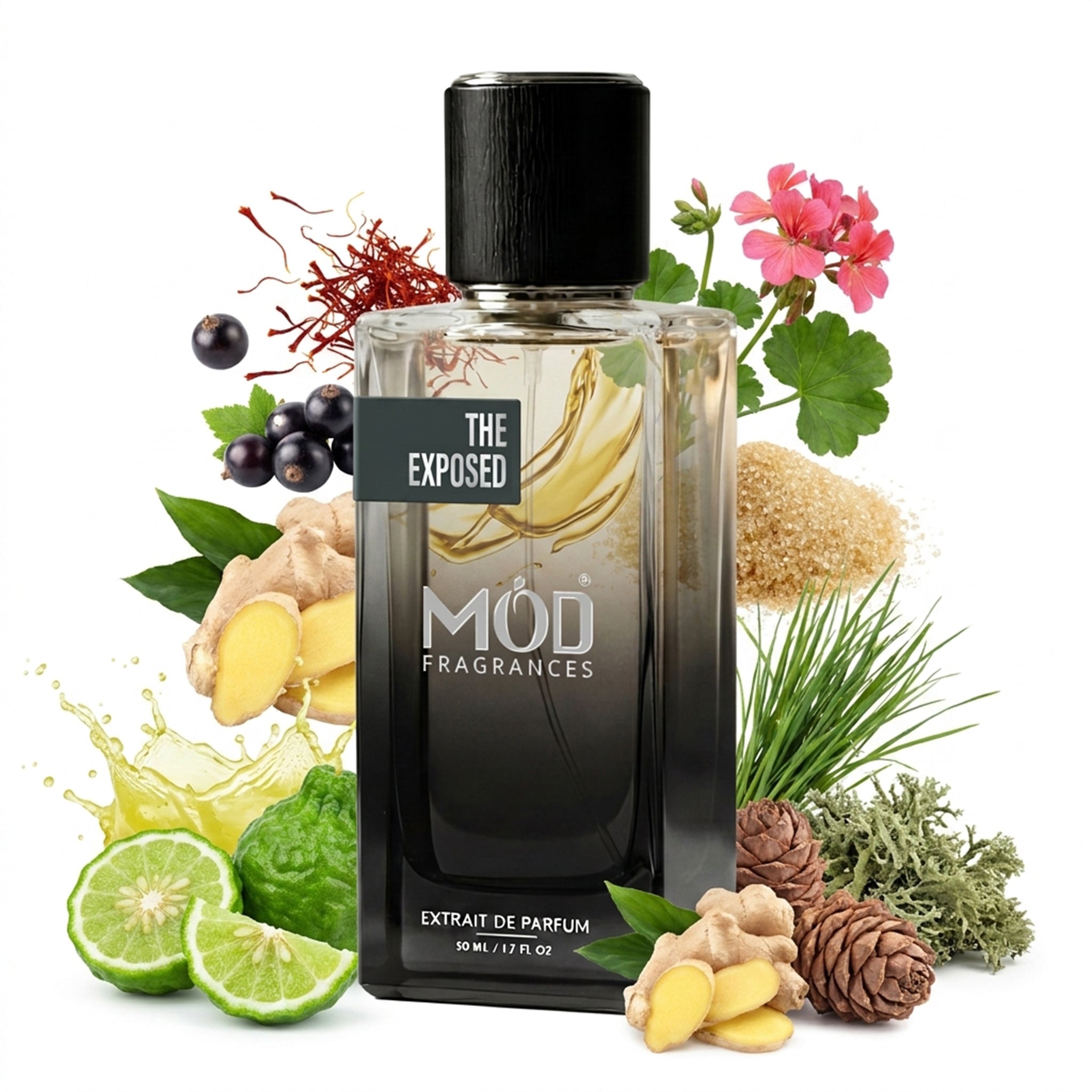 A glass perfume bottle by MOD Fragrances, labeled "The Exposed" is surrounded by a vibrant artistic arrangement of its fragrance ingredients, including Bergamot, ginger, saffron, cassis, geranium, sugar, cedar, vetiver & oak moss against a white background. 