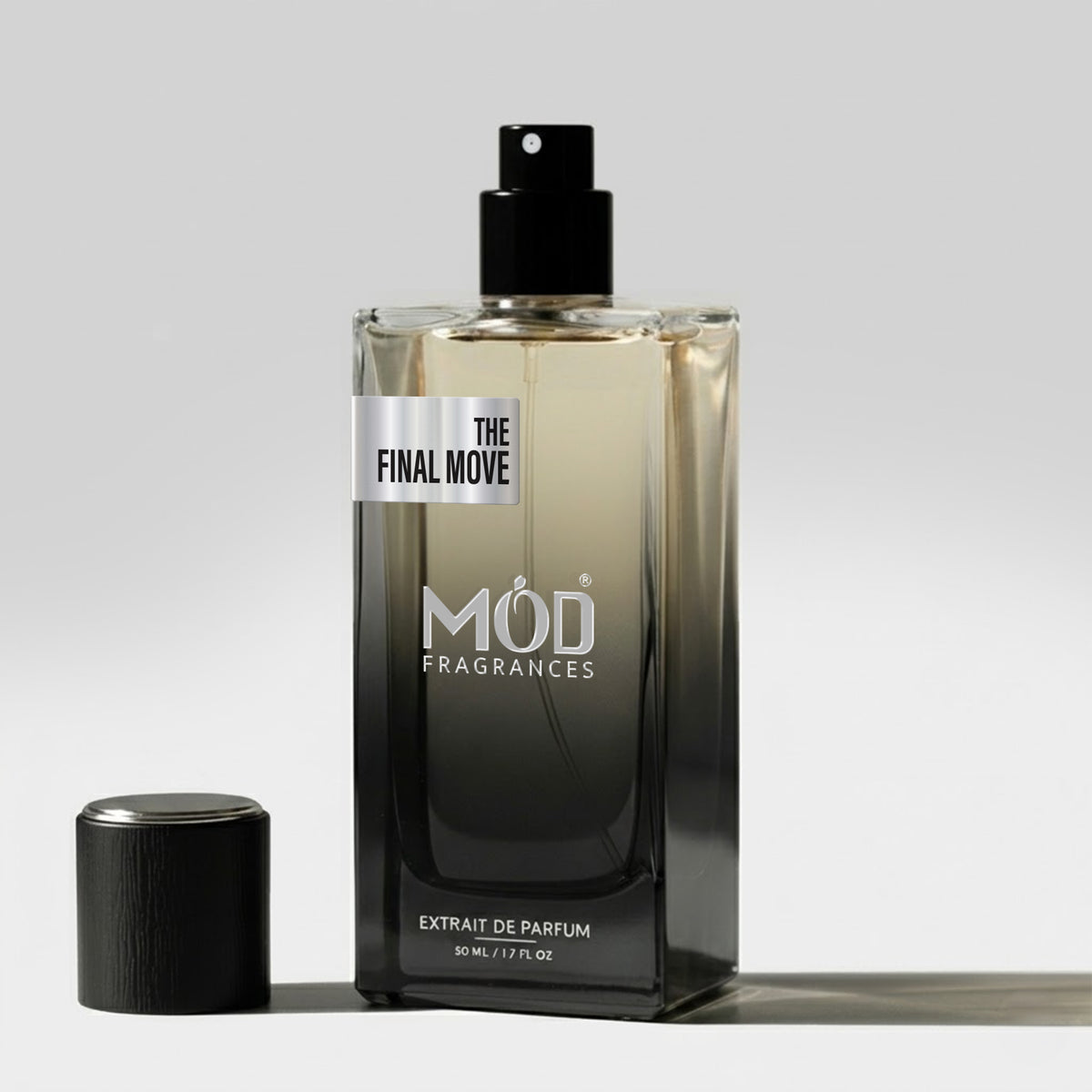Professional extreme macro product photography of a luxury MOD fragrances perfume bottle named 'THE FINAL MOVE'. The sleek black-to-clear gradient glass bottle with a matte black cap and a matte silver label is perfectly positioned on a polished wooden chessboard. Next to it stands a triumphant black chess queen, while a defeated white chess king lies fallen on the board. The scene is dynamically styled with a spectacular, frozen-in-time upward splash of golden liquid radiating behind the chess piece, inter