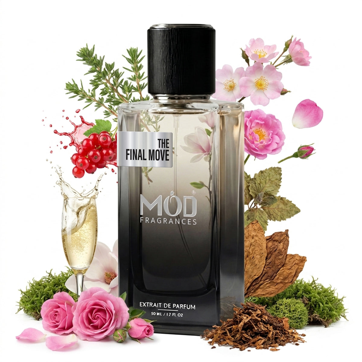 Professional extreme macro product photography of a luxury MOD fragrances perfume bottle named 'THE FINAL MOVE'. The sleek black-to-clear gradient glass bottle with a matte black cap and a matte silver label is perfectly positioned on a polished wooden chessboard. Next to it stands a triumphant black chess queen, while a defeated white chess king lies fallen on the board. The scene is dynamically styled with a spectacular, frozen-in-time upward splash of golden liquid radiating behind the chess piece, inter
