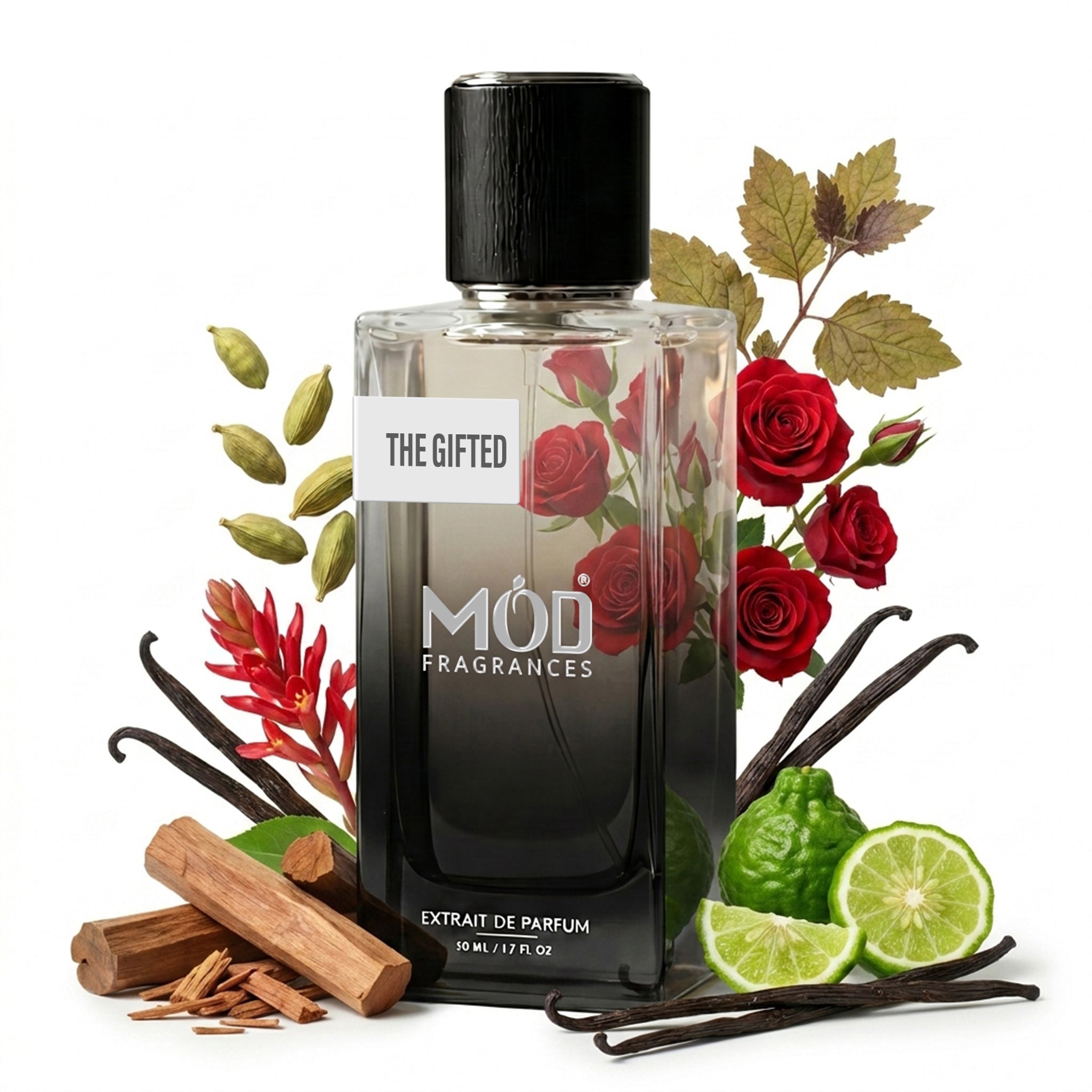 Perfume bottle with floral design and vanilla beans, lime, and cinnamon on a white background